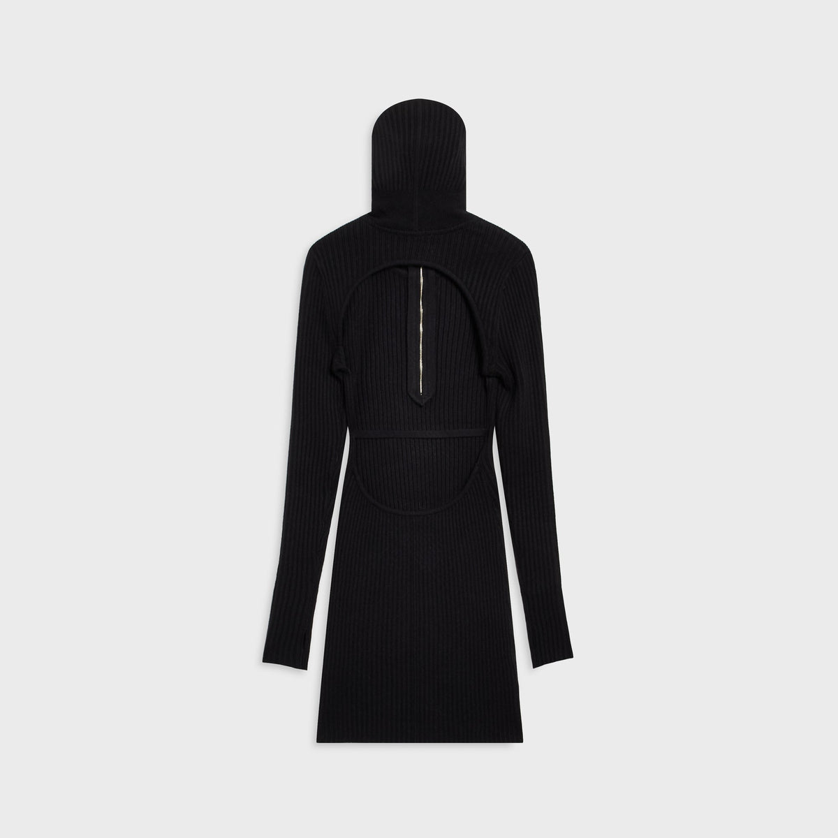 Kith Women Amayna hooded mini dress in black ribbed knit, back flat-lay showing backless cutout and zipper