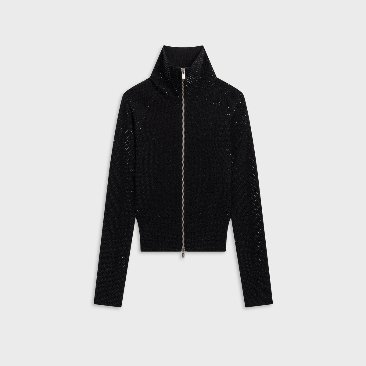 Kith Women Ina II studded zip track jacket in black with allover crystal studs and double zip pulls, front flat-lay