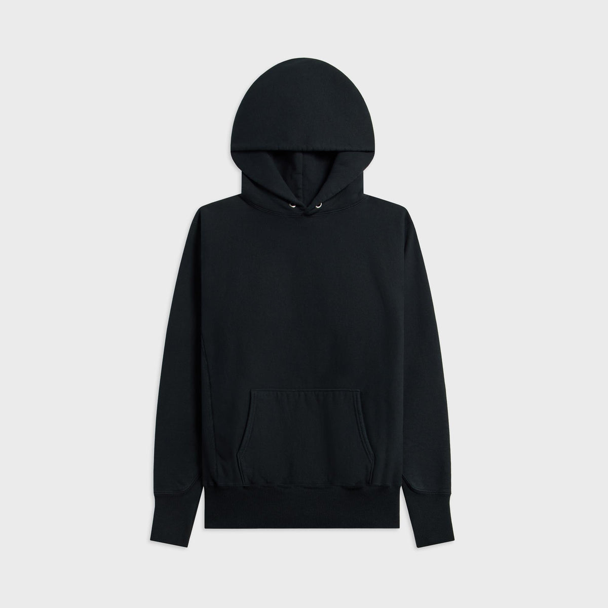 ATON Natural Dyed Urake Hoodie in charcoal grey, front view with hood, kangaroo pocket and ribbed hem