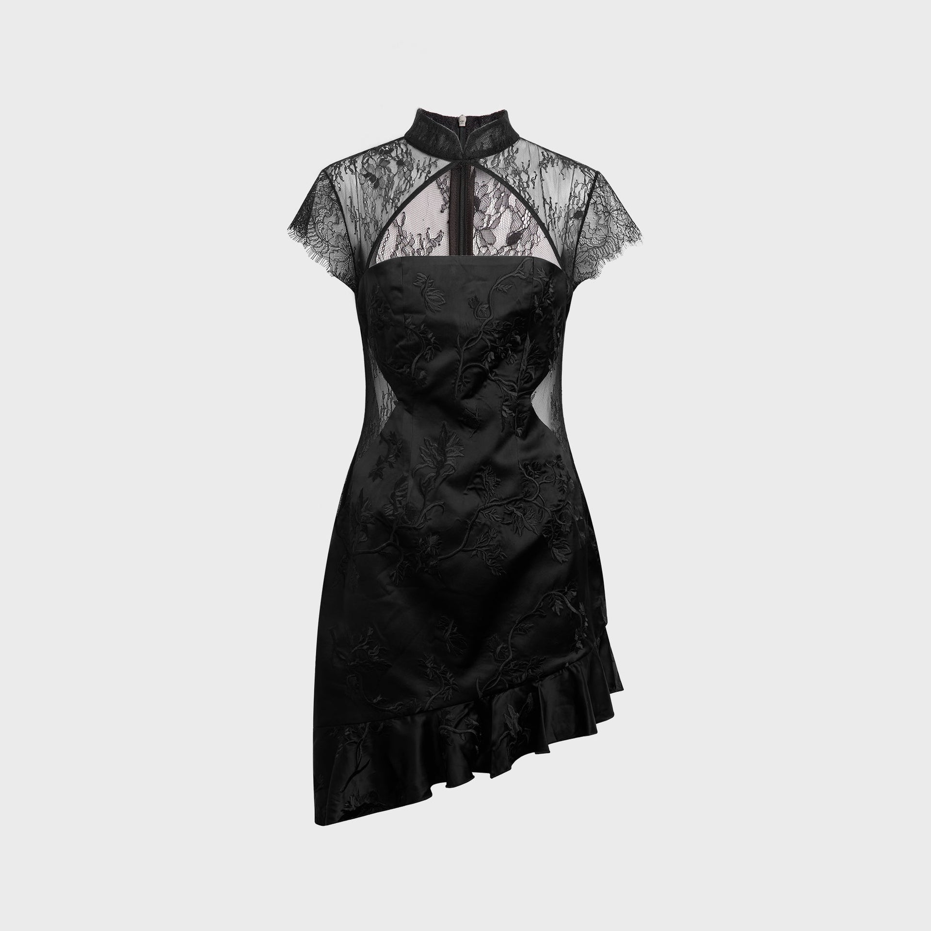 Kim Shui Lucy Silk Embroidered Lace Qi Pao in Black