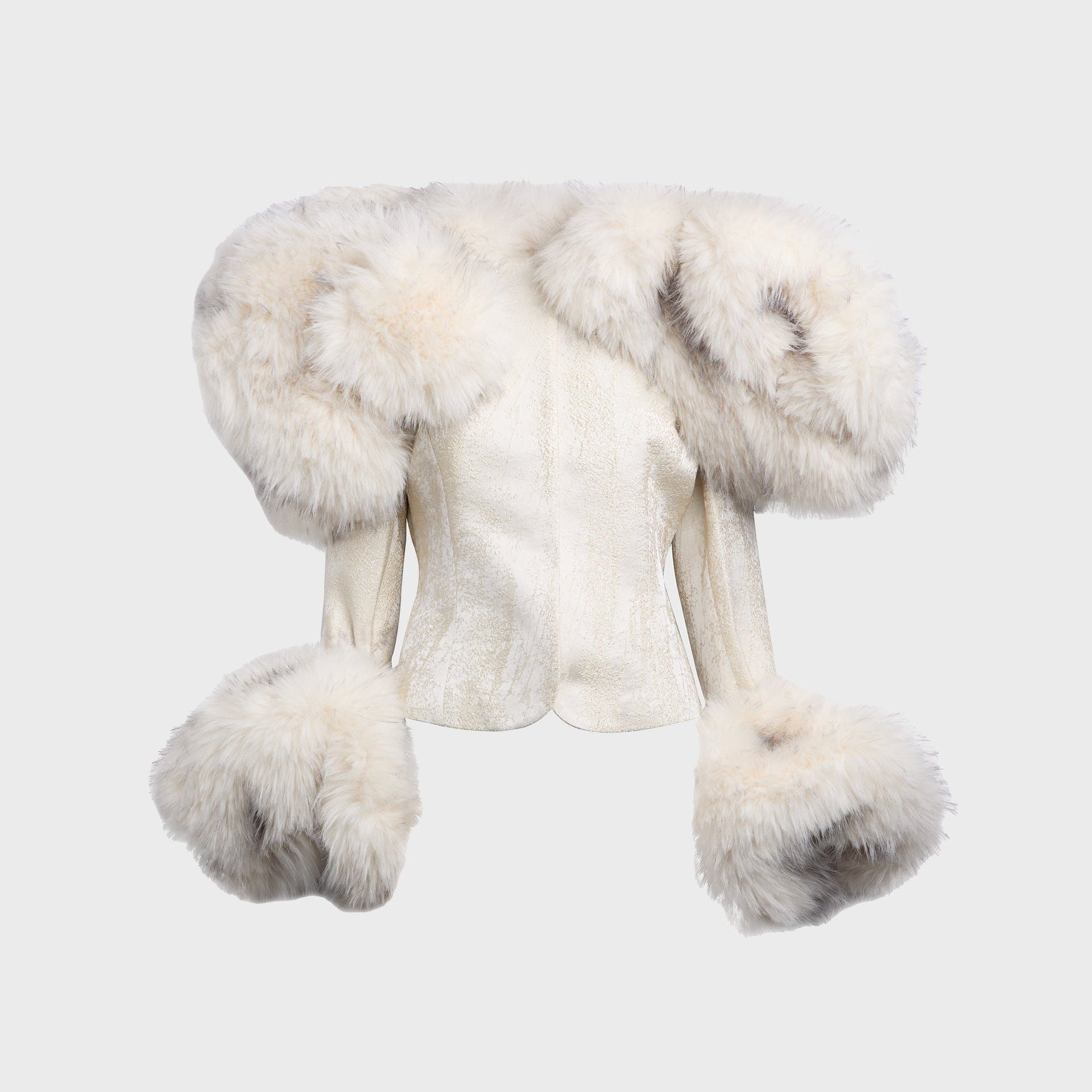 Kim Shui Angelina Faux Fur Trim Brocade Jacket in White