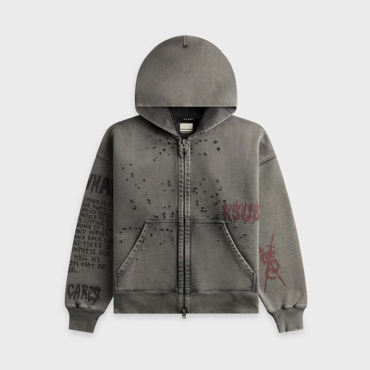 Ksubi Skool Halen charcoal fade zip hoodie with distressed crystal detailing and flame graphic, front view