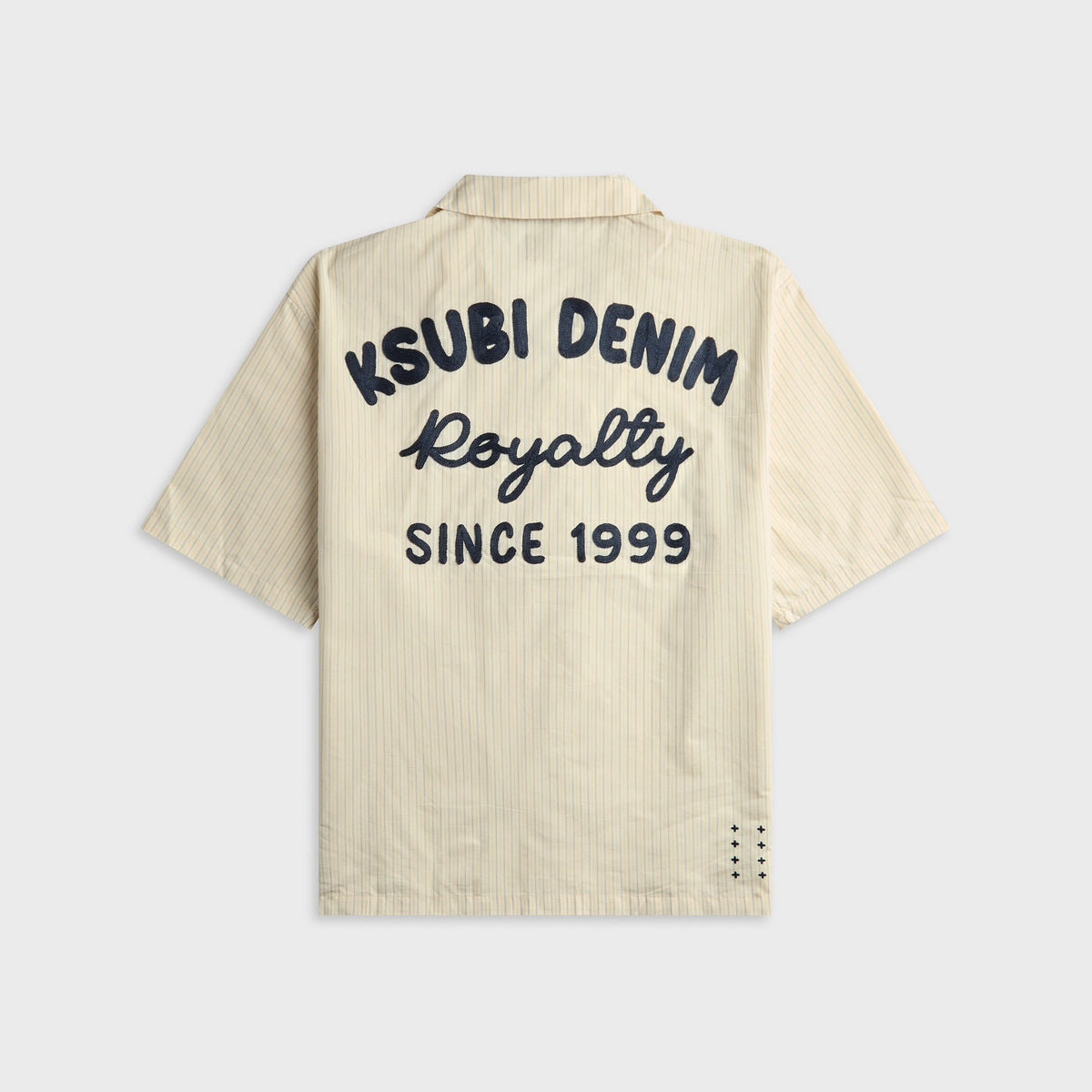 Ksubi Royalty Diner cream pinstripe short sleeve shirt with Ksubi Denim Royalty Since 1999 embroidered back graphic