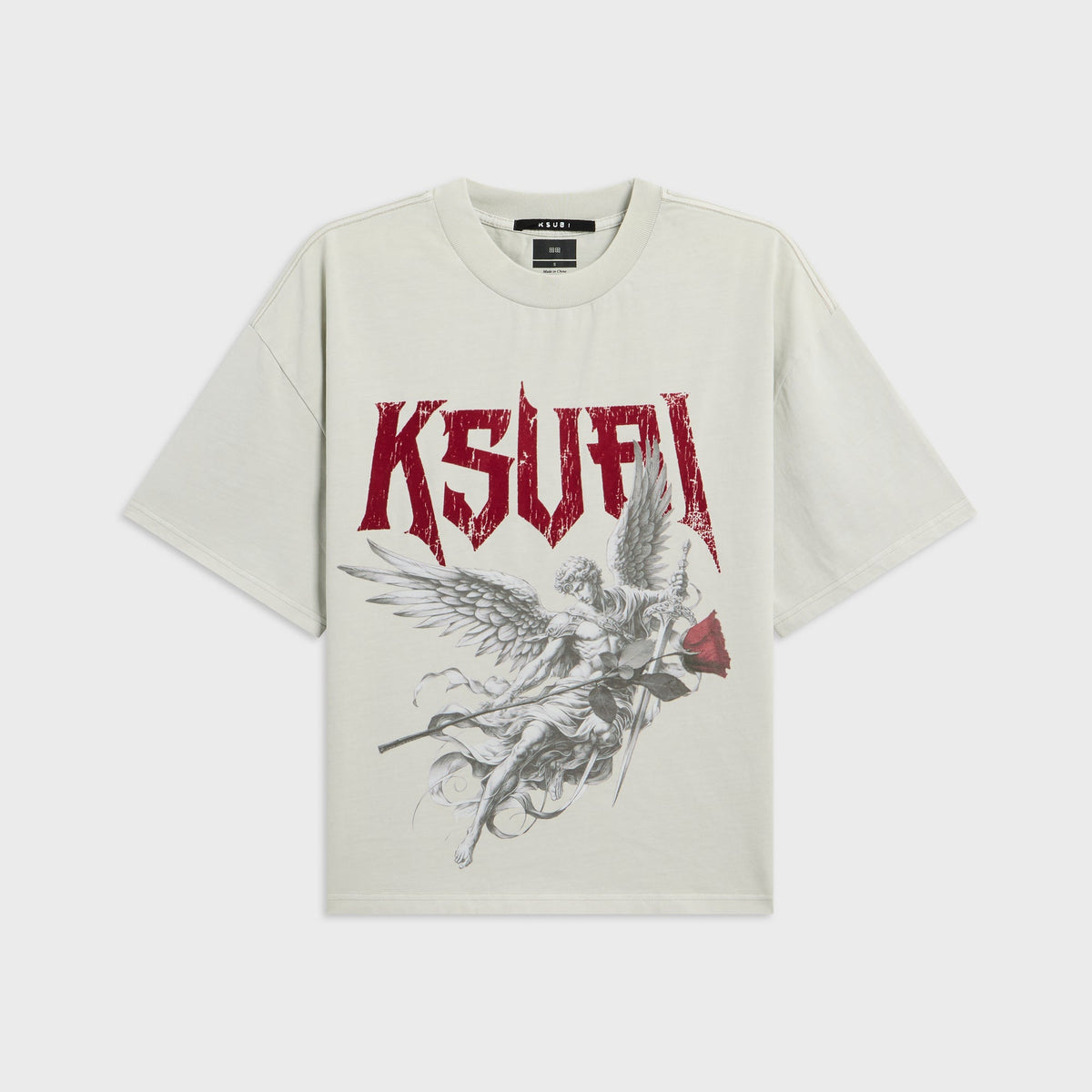 Ksubi Angel Halen Krete tee in grey, front view, with red metal-style 'KSUBI' logo and angel-with-rose graphic
