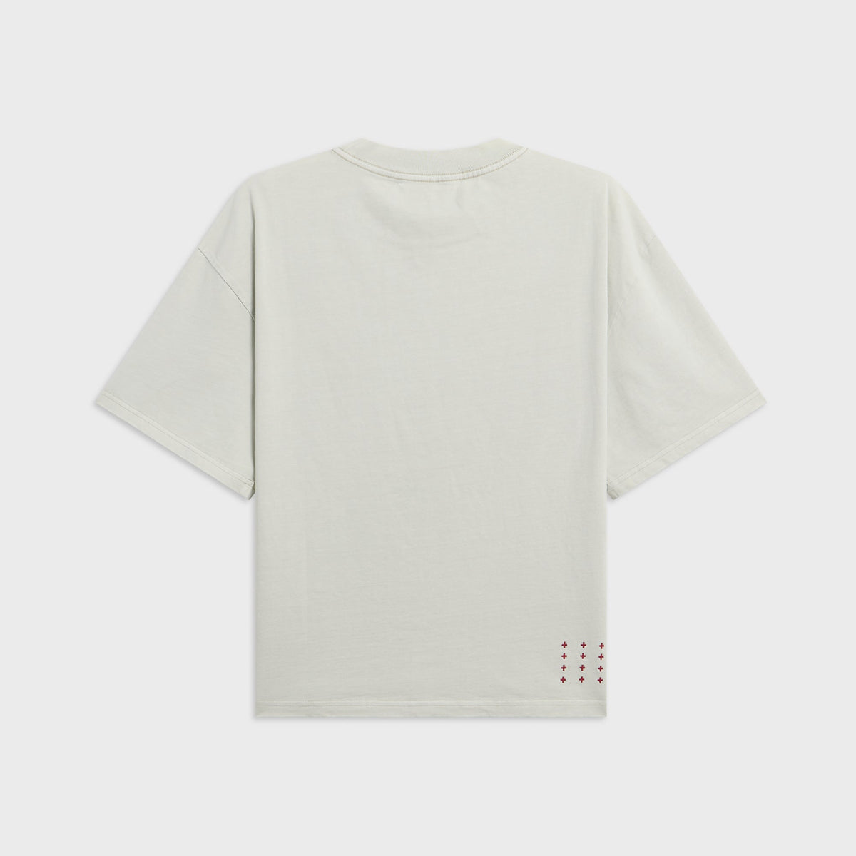 Back of grey Ksubi Angel Halen Krete tee, plain with small red cross detail near the hem