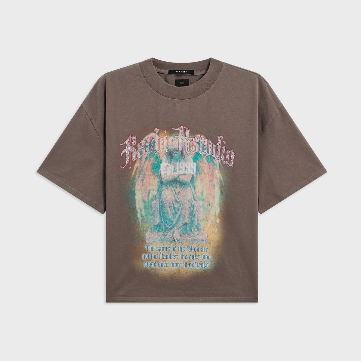 Ksubi Ksaint Ekcess tee in washed charcoal brown, front view, with faded winged-angel statue and gothic text print