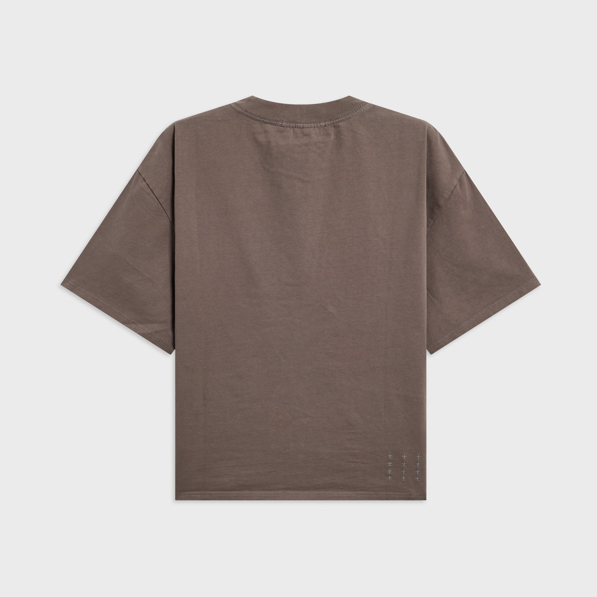 Back of Ksubi Ksaint Ekcess washed brown tee, plain with small tonal logo at collar