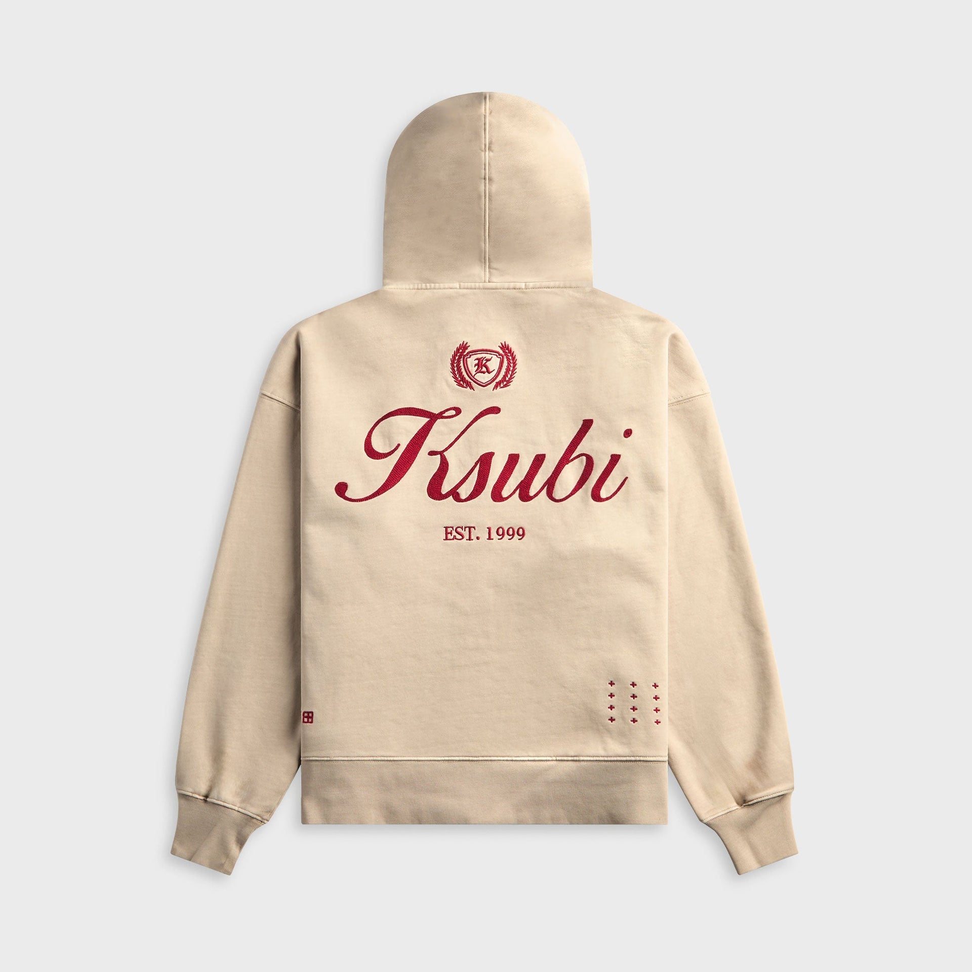 Back of the beige Ksubi Klasse Halen zip hoodie with large burgundy Ksubi EST. 1999 script and crest embroidery
