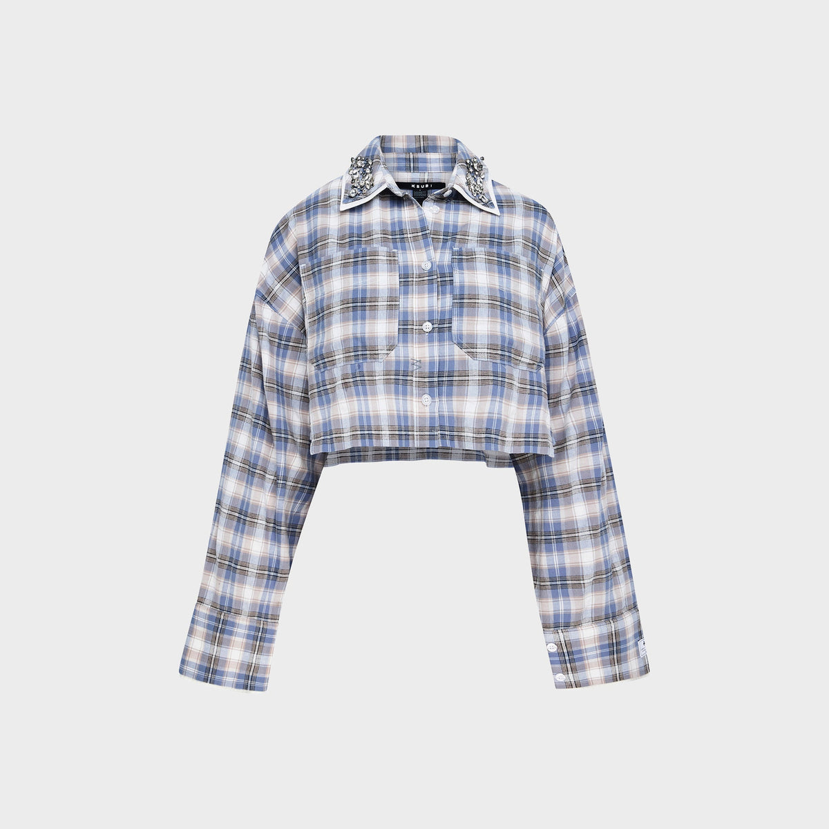 Ksubi Balter Shirt in Summer Plaid Spark, cropped blue and white plaid button-up shirt, front view