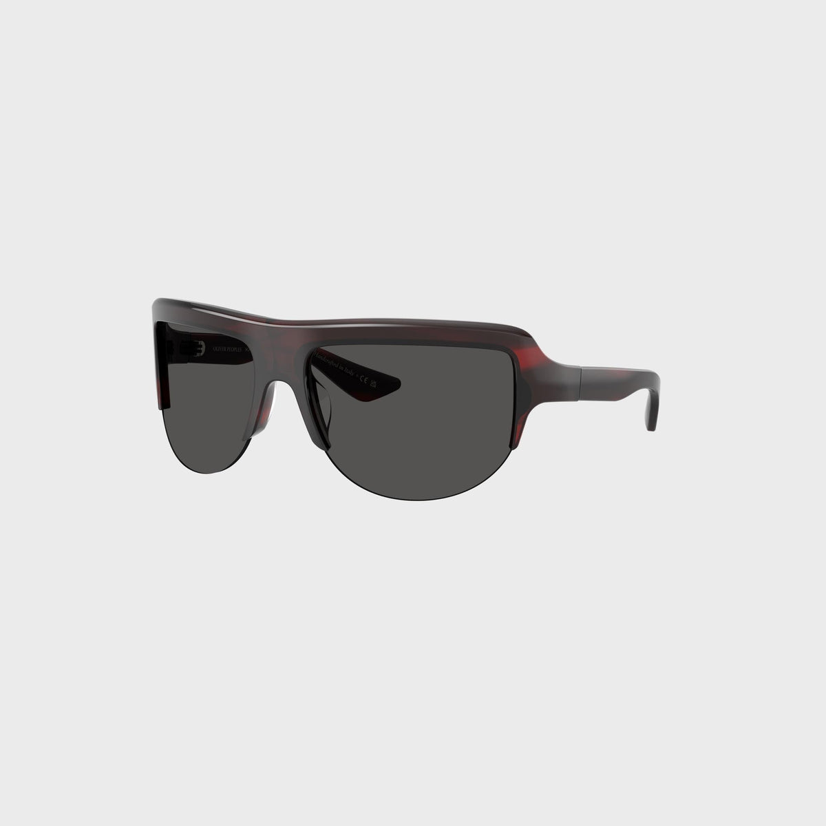 KHAITE x Oliver Peoples 1975C sunglasses in Bordeaux Bark, three-quarter angled view of the wraparound frame