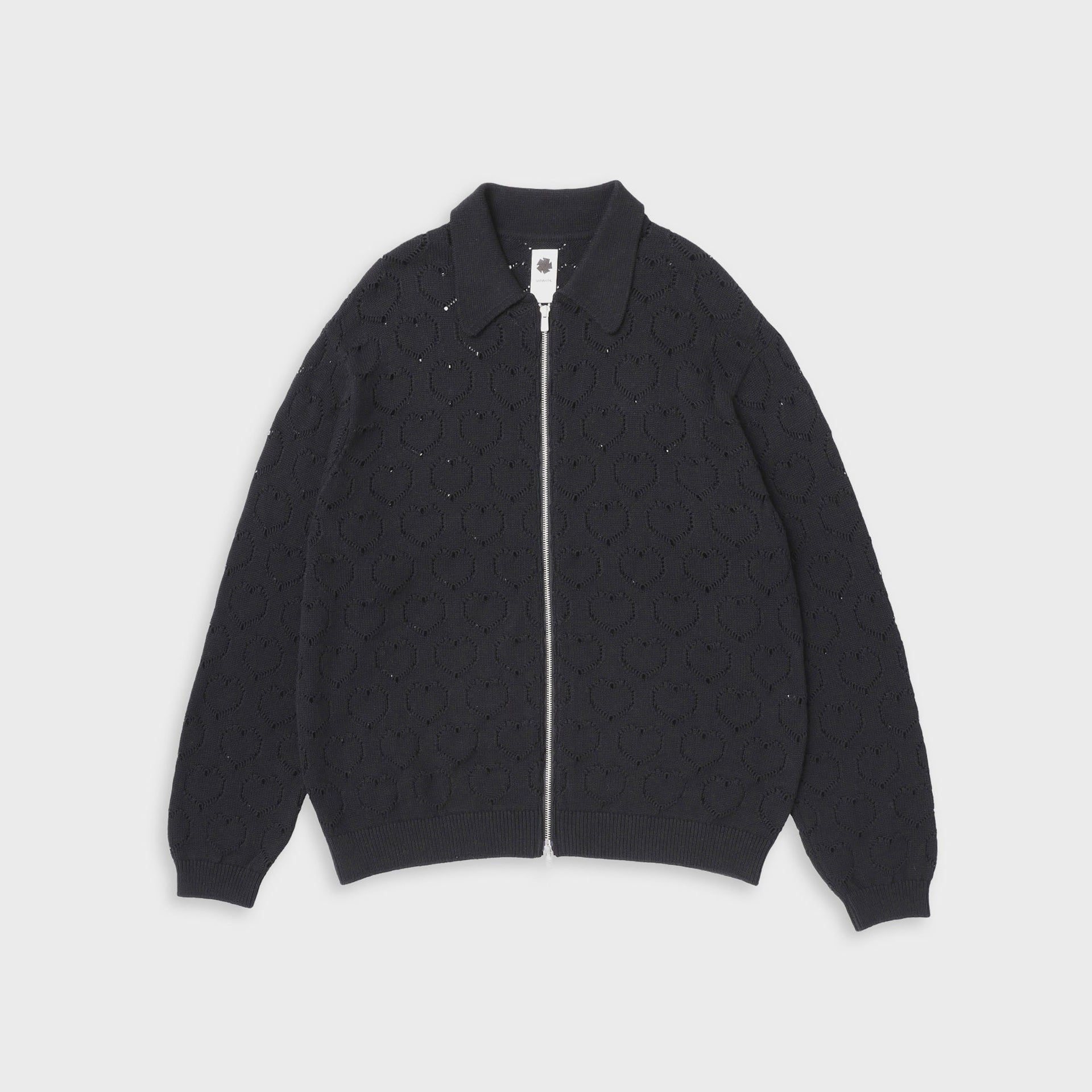 vowels Eyelet Knitted Zip Up Sweater - Black