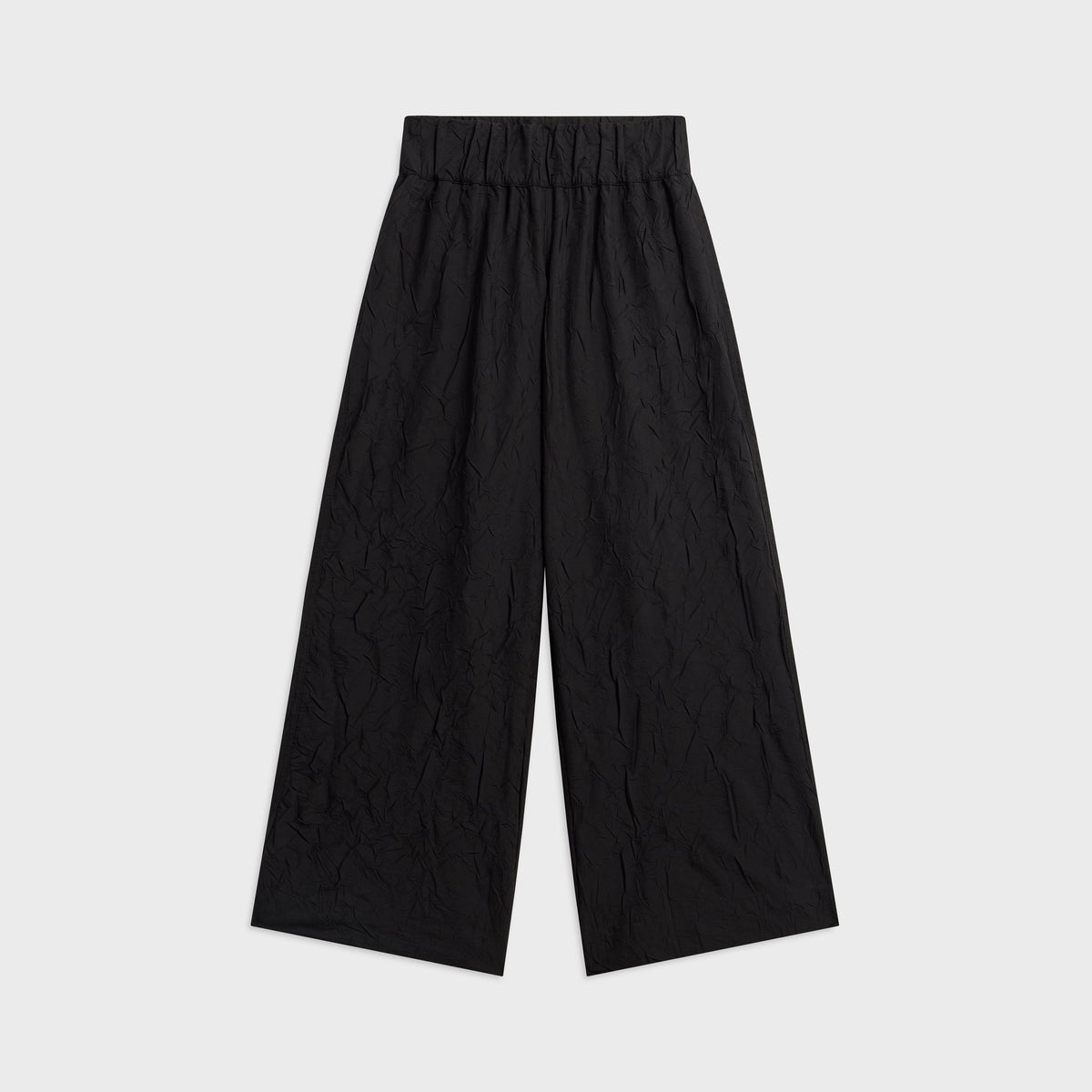 The Line by K Essex Pant in black, wide-leg crinkled fabric with elastic waistband, front flat view