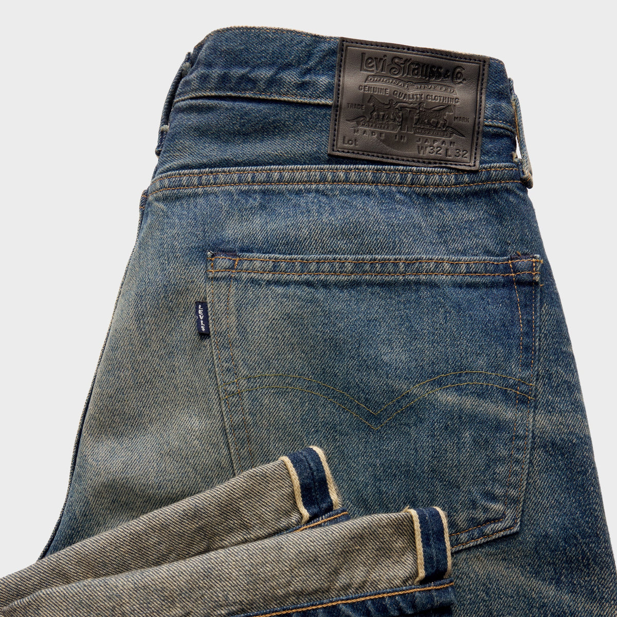 Levi's Blue Tab Anchor Jean in Mizzen Mast medium wash, back pocket, leather patch and rolled selvedge cuff
