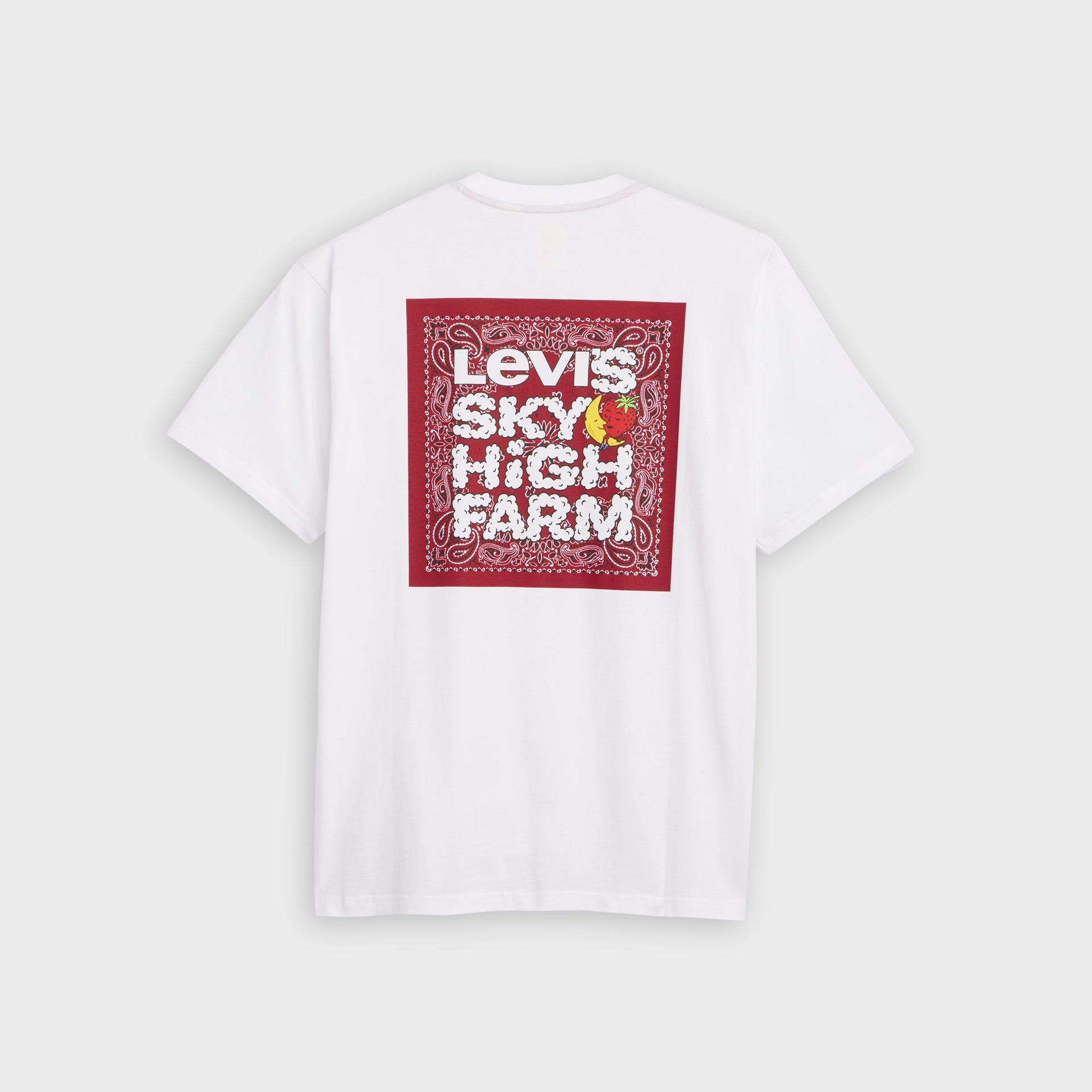 Back of Levi's x Sky High Farm white pocket tee with red bandana-print square graphic reading 'Levi's Sky High Farm'