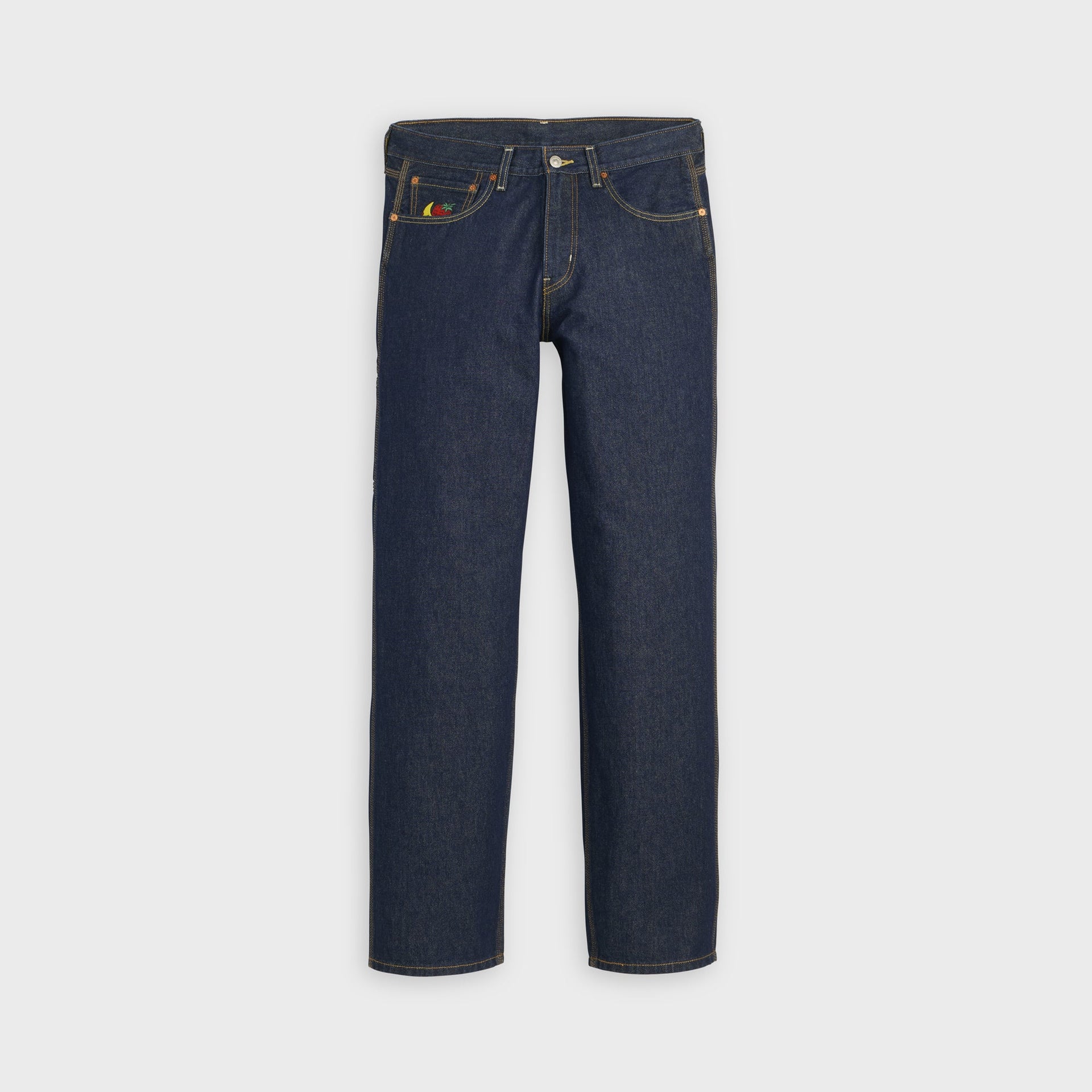 Levi's x Sky High Farm Goods mid-indigo loose jeans, front view with straight leg and small banana-and-strawberry mascot on coin pocket