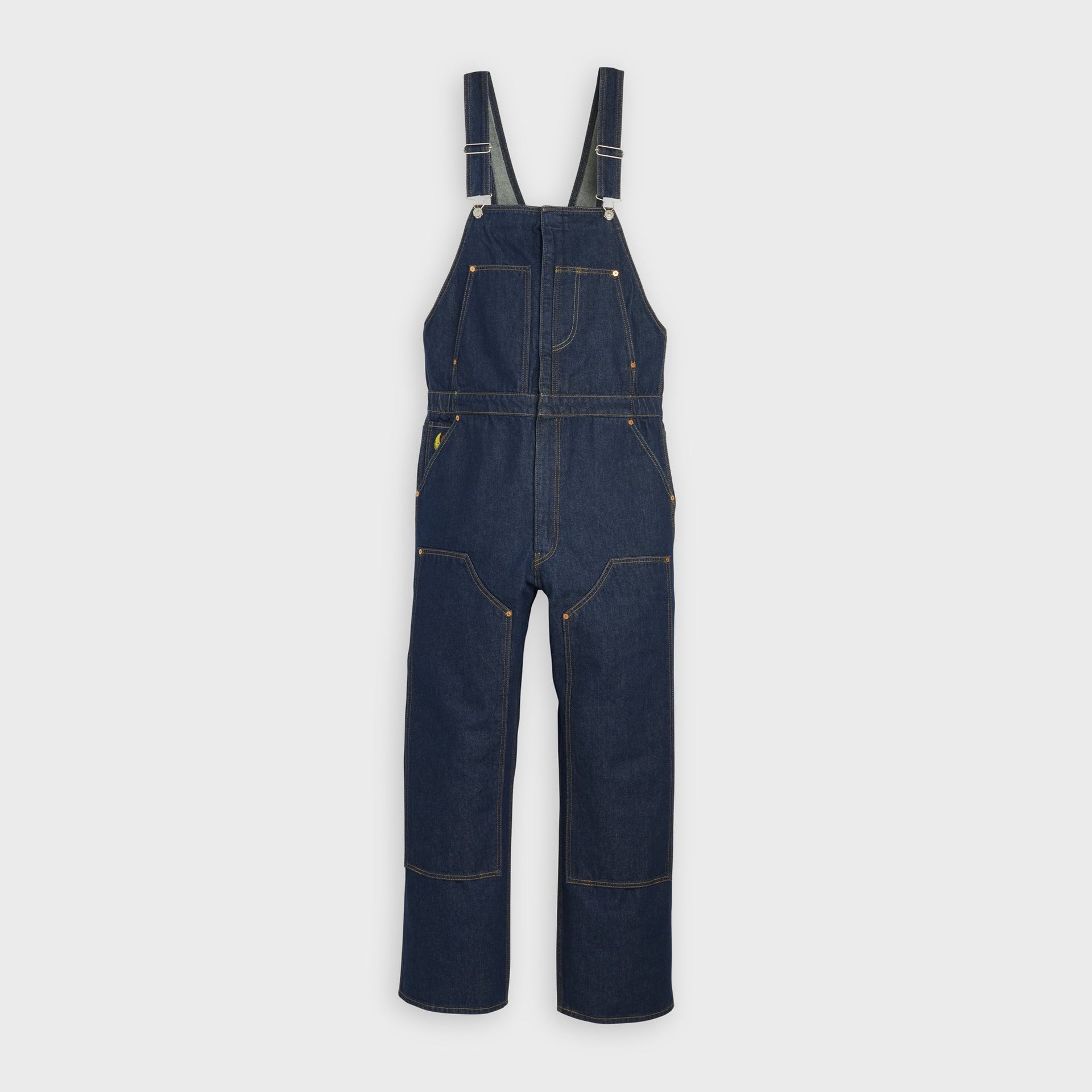 Levi's x Sky High Farm Goods mid-indigo denim bib overalls, front view with adjustable buckle straps and utility patch pockets