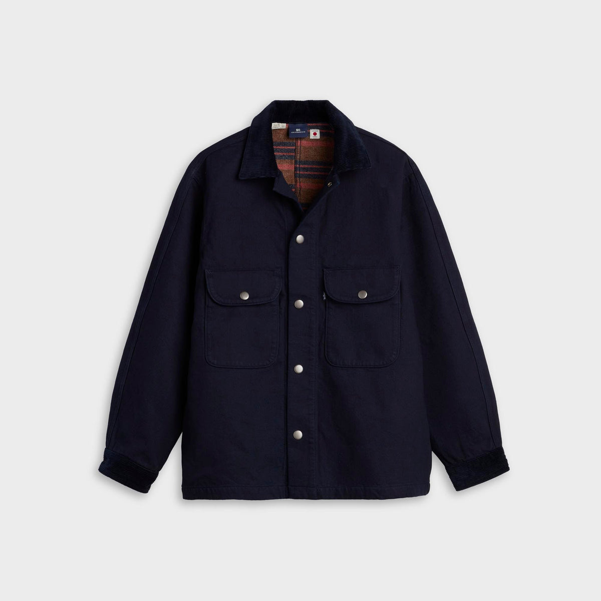 Levi's Blue Tab Shirt Jacket in night sky blue, front view with chest flap pockets and plaid lining at collar