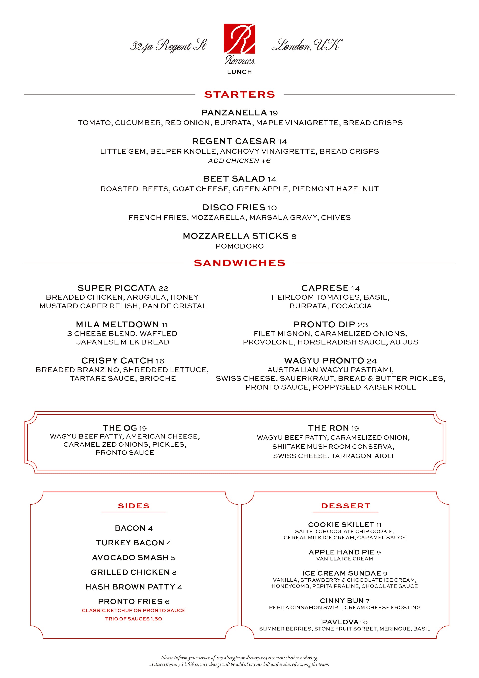 Ronnie's restaurant lunch menu page listing starters, sandwiches, and sides, 324a Regent St, London