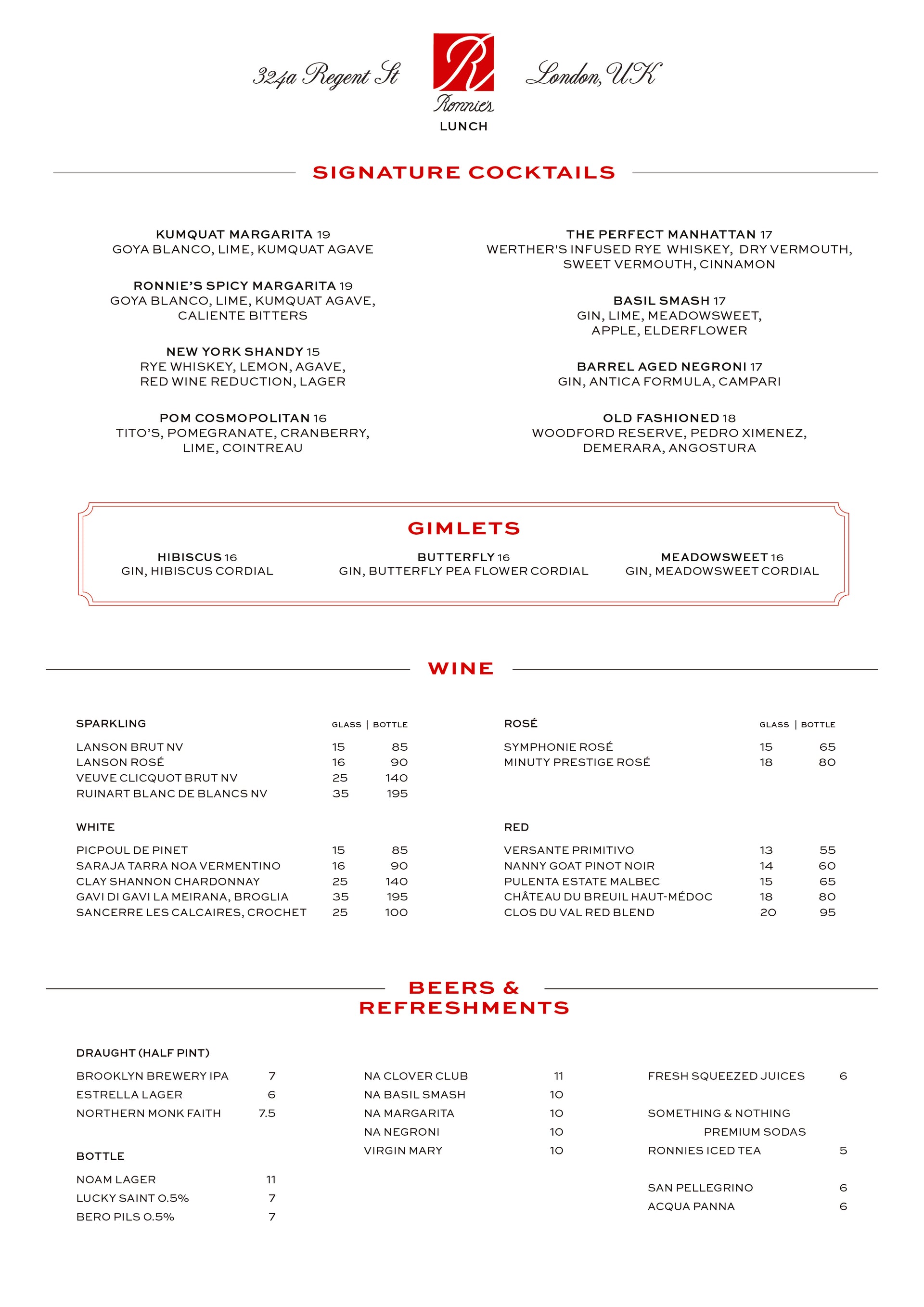 Ronnie's restaurant lunch menu page listing signature cocktails, wine, and beer, 324a Regent St, London