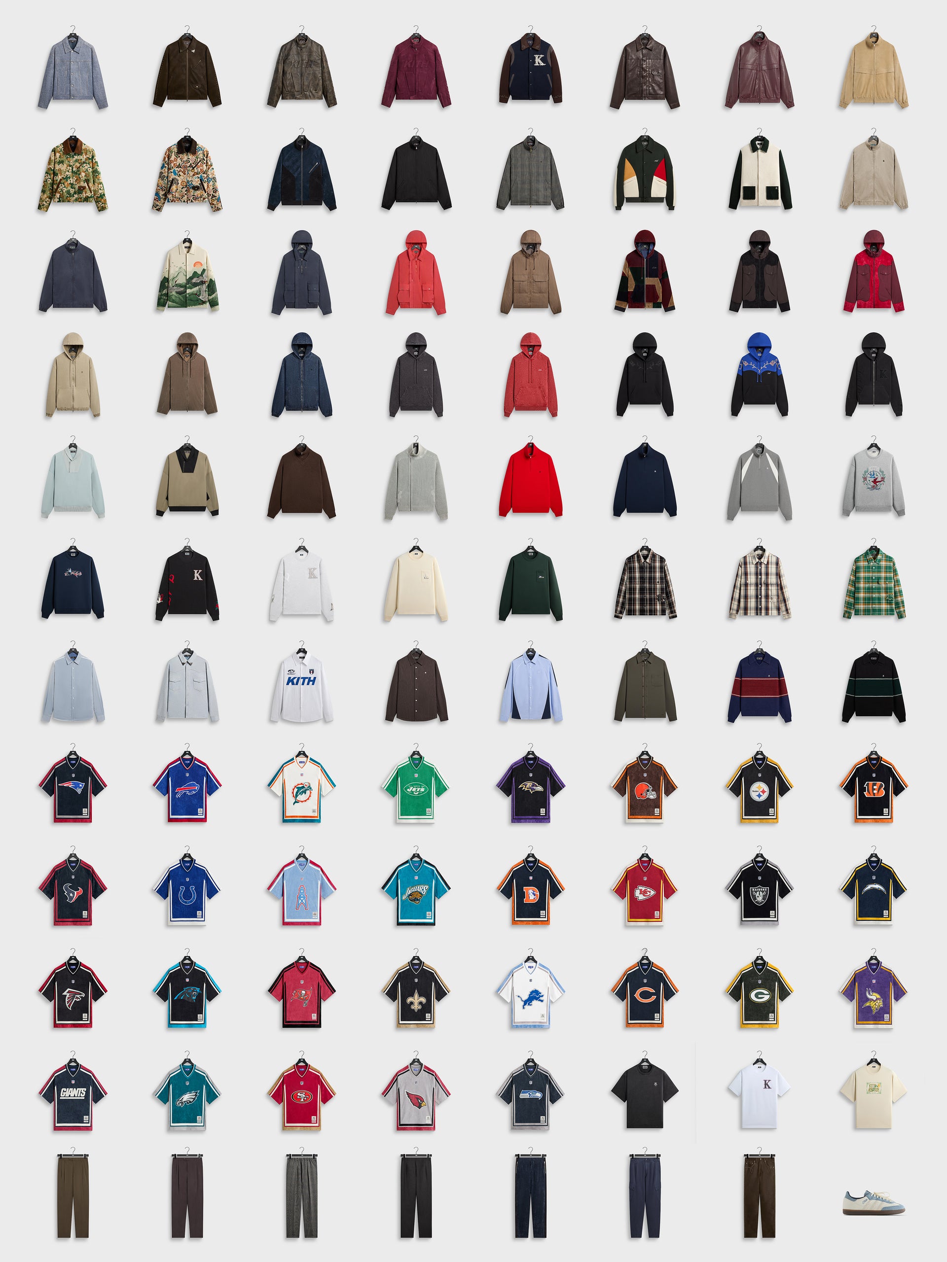 Grid of Kith Fall 26 collection: jackets, hoodies, flannel shirts, NFL jerseys, pants, and sneakers on hangers