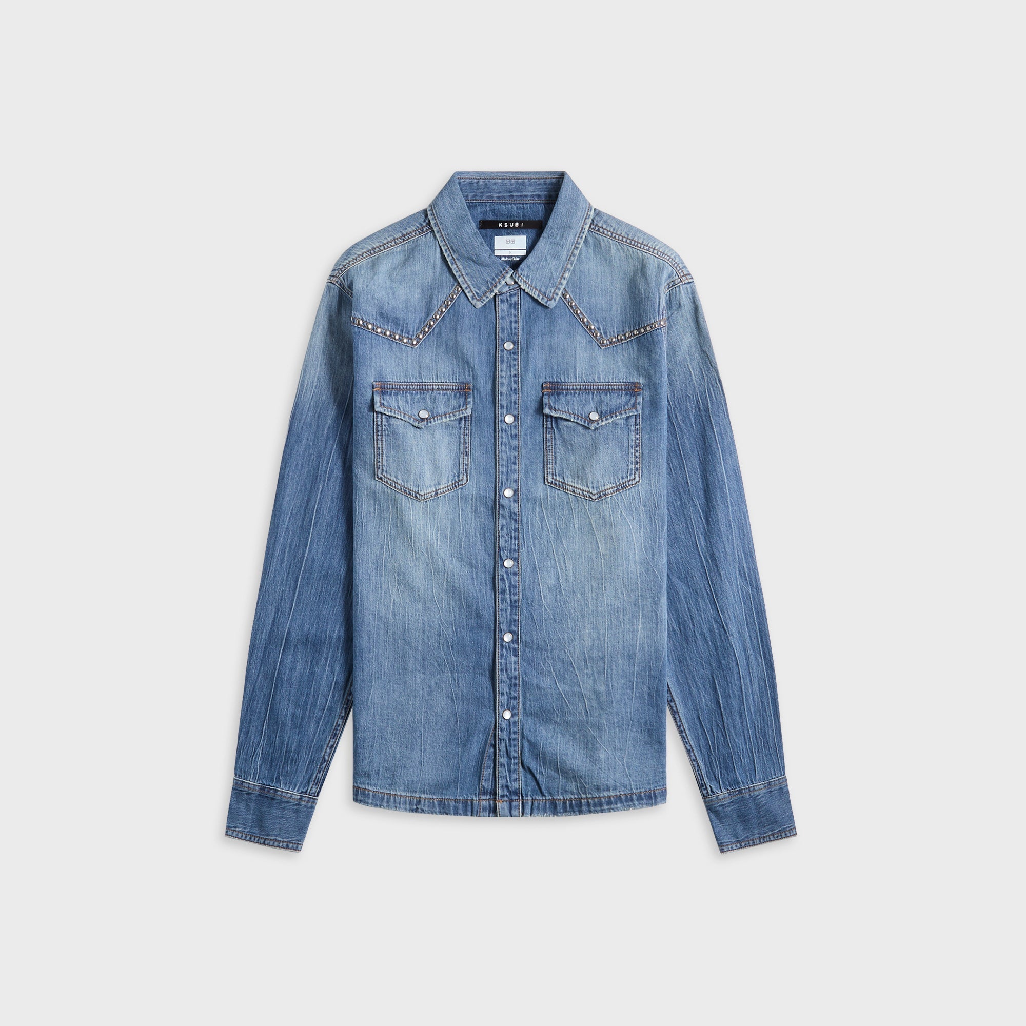 Ksubi Whiplash Long Sleeve Shirt Texas Blue Studded - Stone Washed