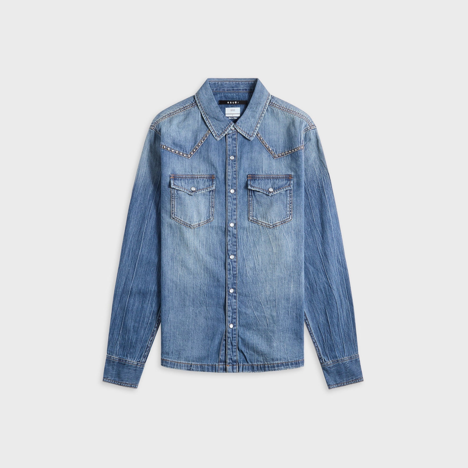 Ksubi Whiplash Long Sleeve Shirt Texas Blue Studded - Stone Washed Denim