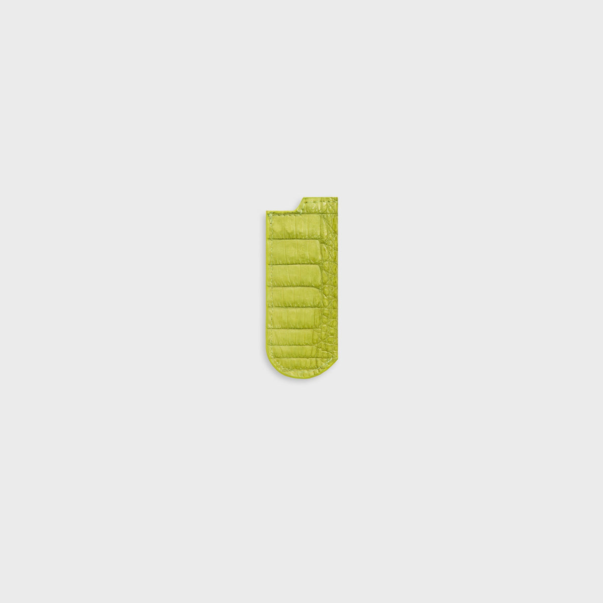 Malagon croc lighter cover in lime green, alternate front view with vertical croc ribs and open top
