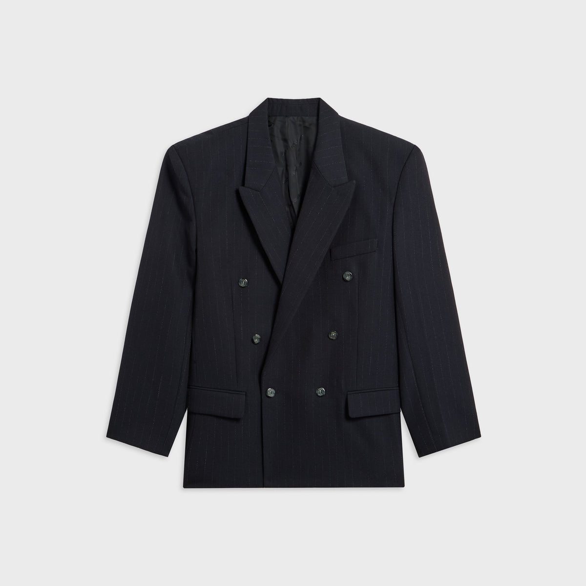 Willy Chavarria Manuel Blazer in peacoat navy pinstripe, front view, double-breasted peak-lapel wool jacket