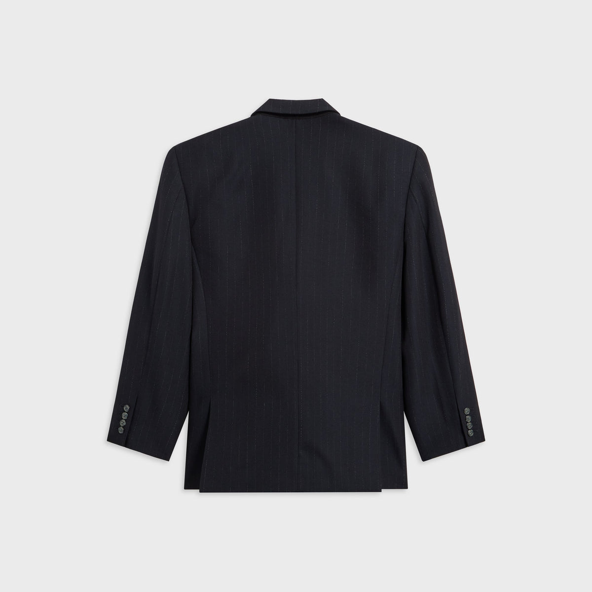 Willy Chavarria Manuel Blazer in peacoat navy pinstripe, back view, boxy double-breasted wool jacket