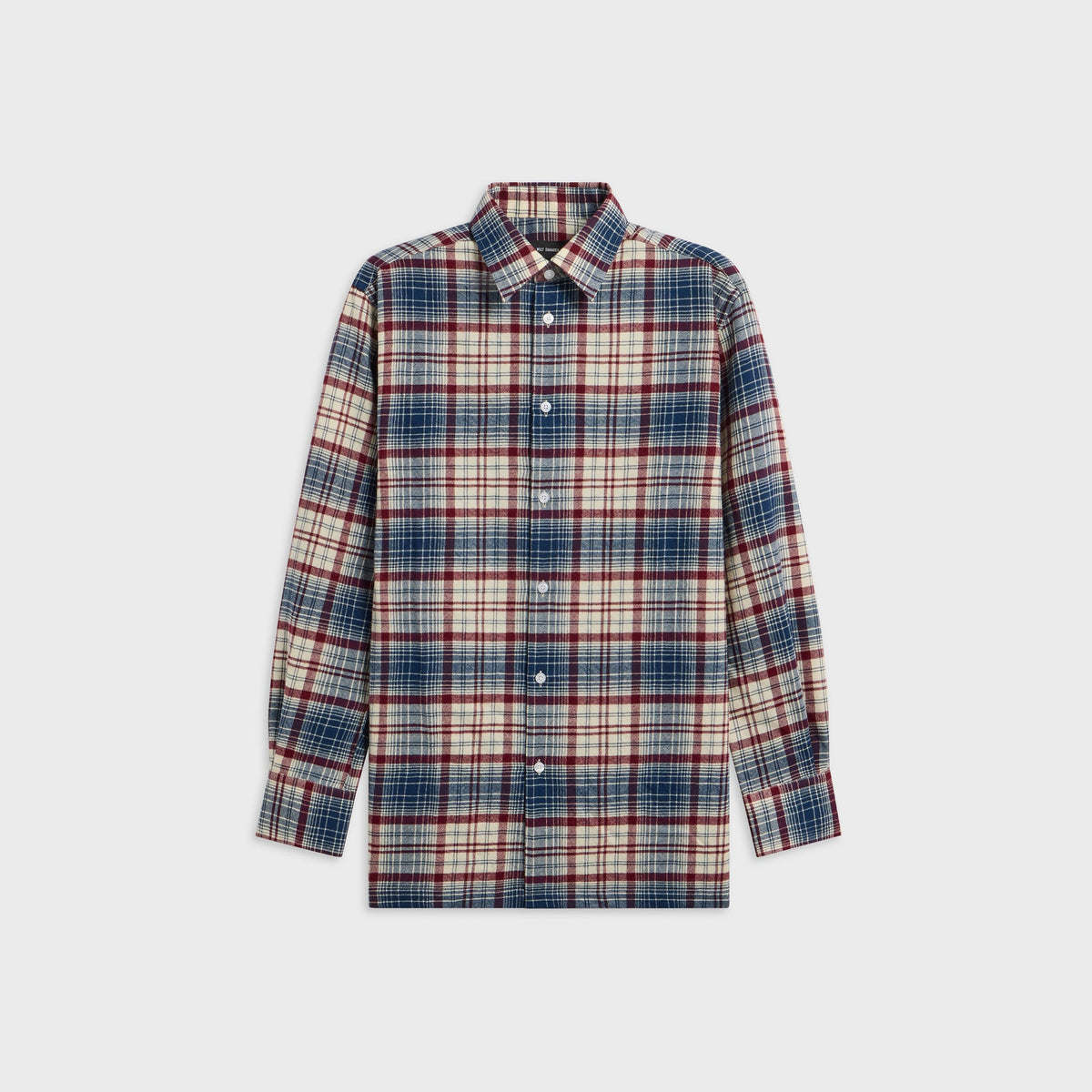 Willy Chavarria Woolen Shirt in navy and red plaid, front view, long-sleeve button-up with point collar