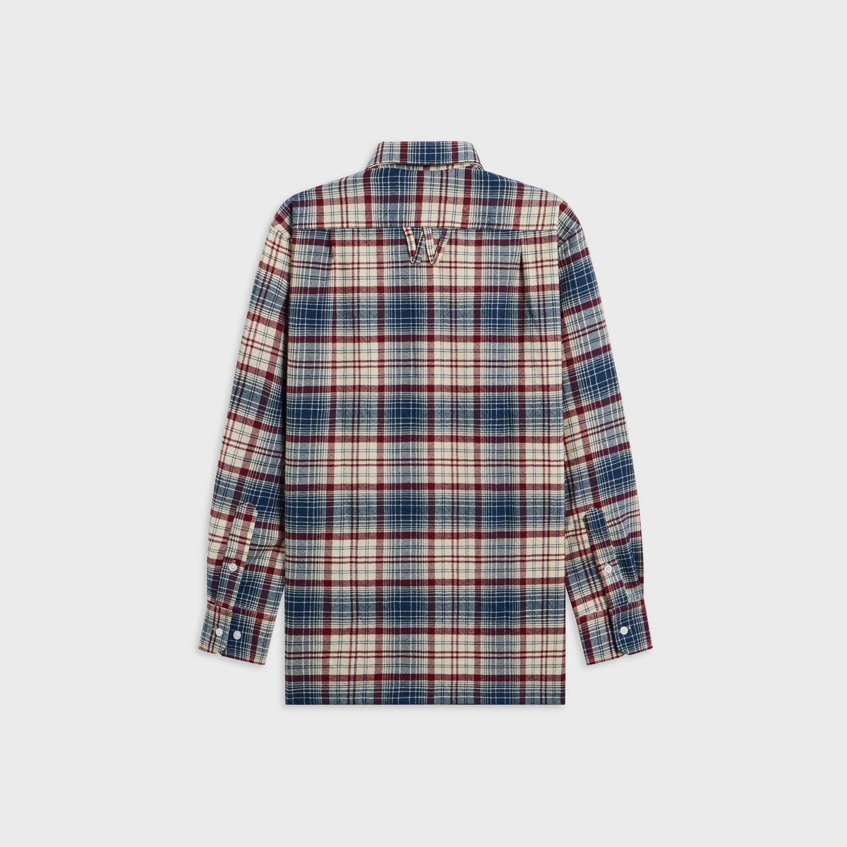 Willy Chavarria Woolen Shirt in navy and red plaid, back view, long-sleeve with box pleat and buttoned cuffs
