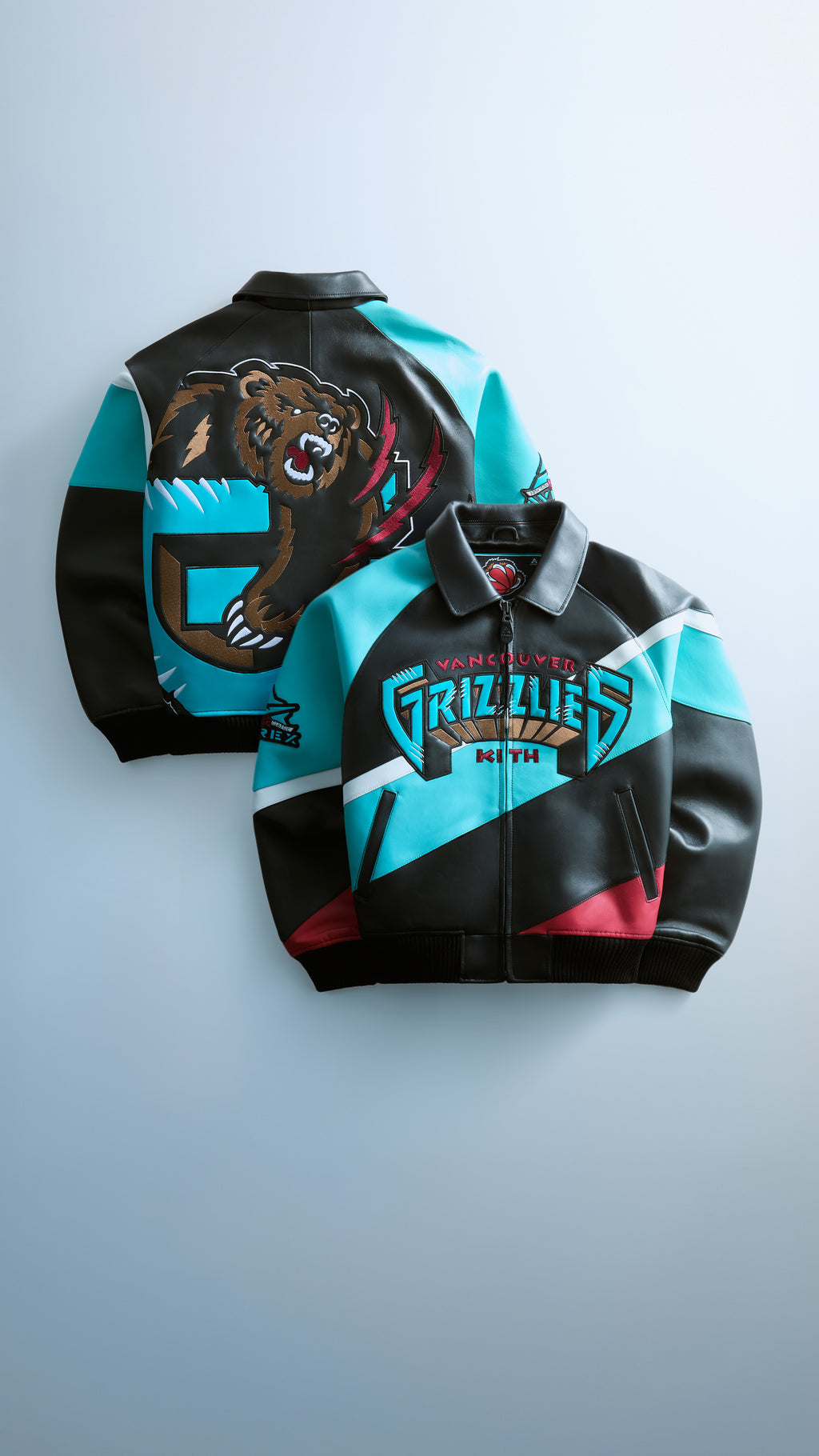Kith x Avirex Vancouver Grizzlies black and teal leather jacket, front and back views overlapping diagonally, bear graphic on back