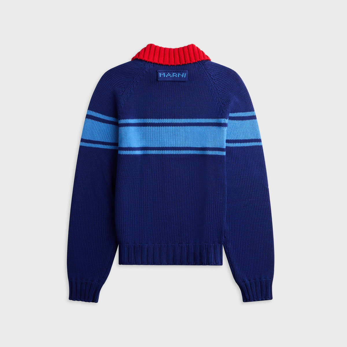 Marni Striped Zip Up Cardigan in Ocean, navy zip cardigan with light blue stripes, back view