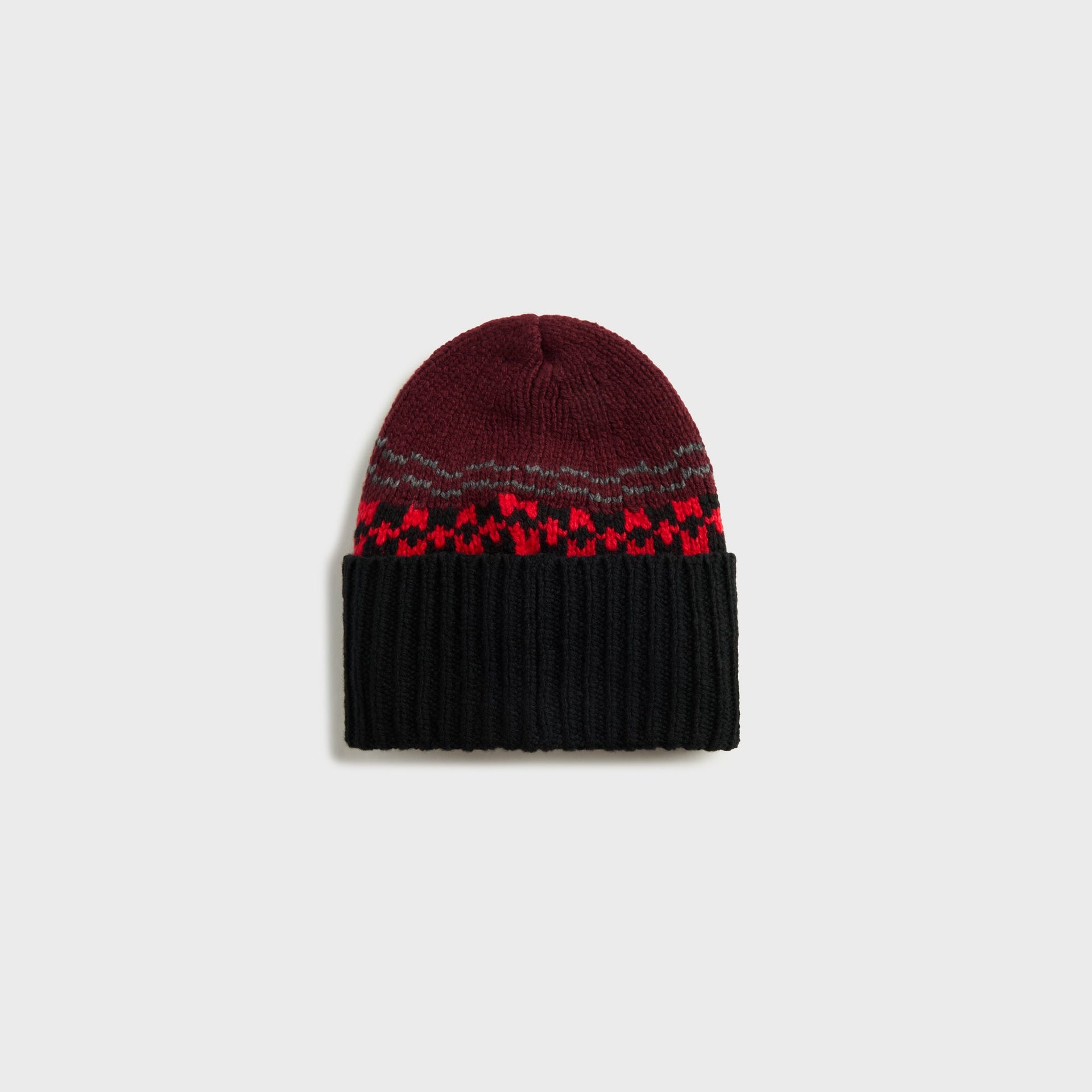 Marni burgundy knit wool beanie with black cuff, angled view