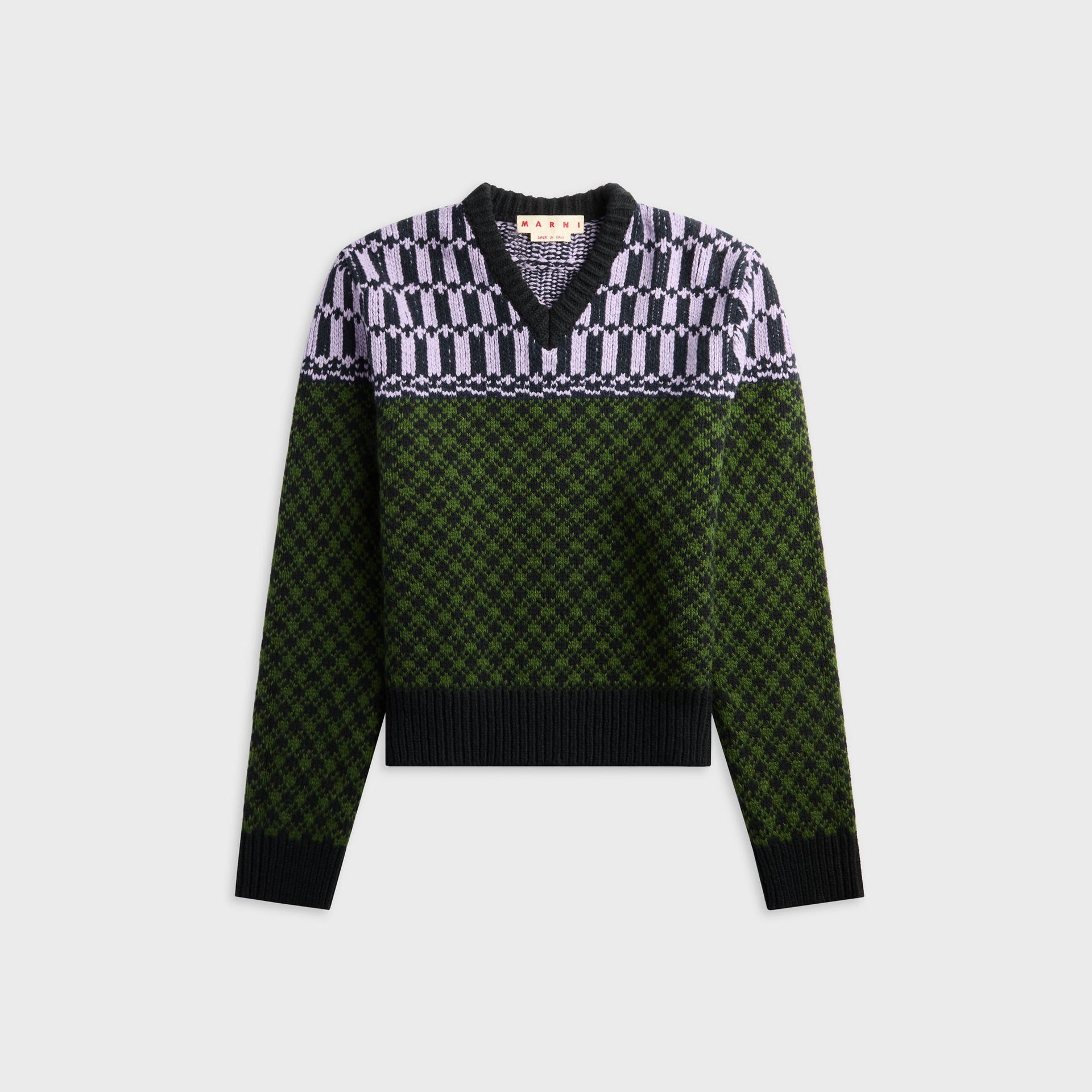 Marni green wool jumper with geometric motif, lilac and black patterned yoke over green houndstooth body, front view