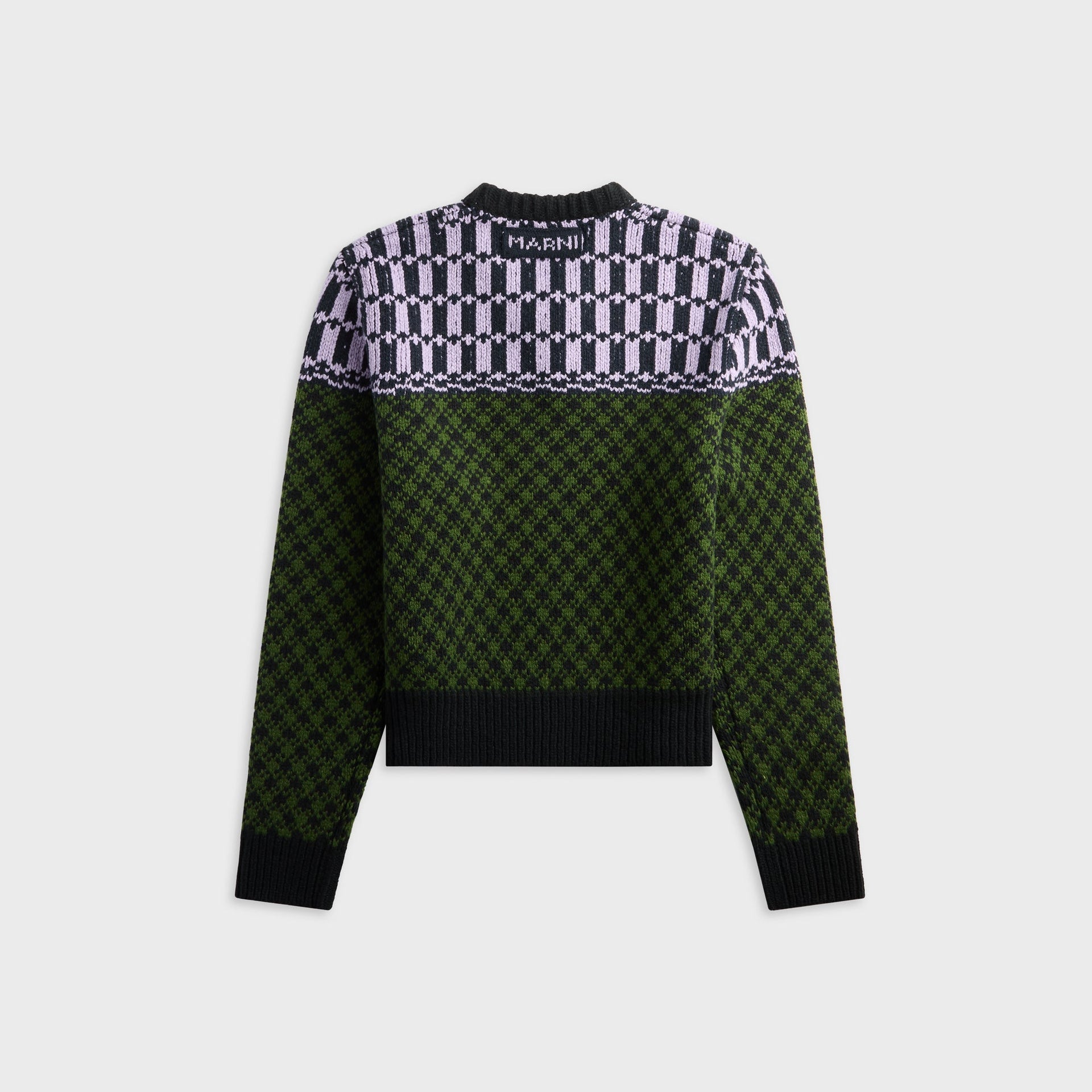 Marni green wool jumper with geometric motif, back view showing Marni logo tag at neckline