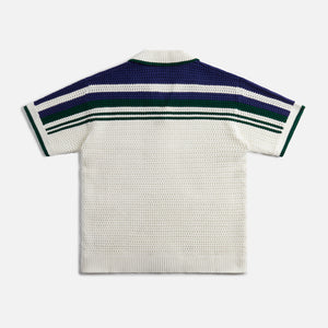 Casablanca Crochet Effect Tennis Shirt - White / Blue-Green Stripe