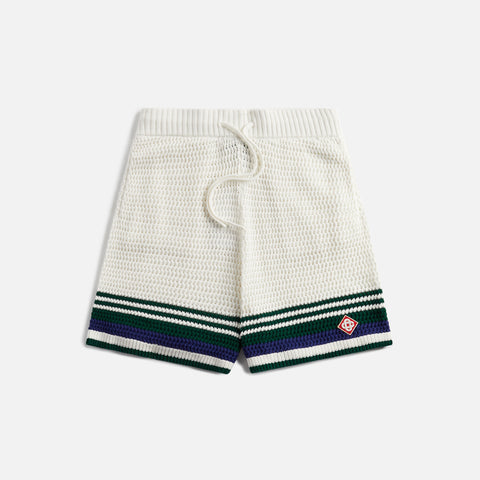 Casablanca Crochet Effect Tennis Shorts - White / Blue-Green Stripe