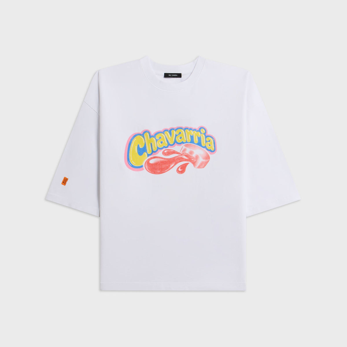 Willy Chavarria OS Chavaloo Buffalo Tee in Snow White, oversized white tee with colorful Chavarria bubble logo, front