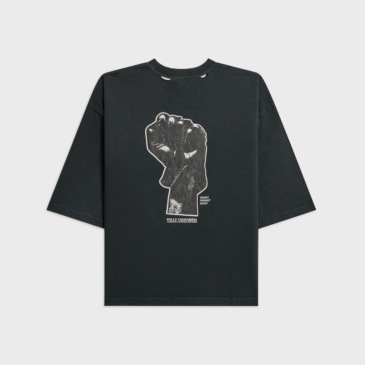 Willy Chavarria Resist Persist Exist Buffalo Tee in Black Beauty, back with large white-outlined raised fist graphic