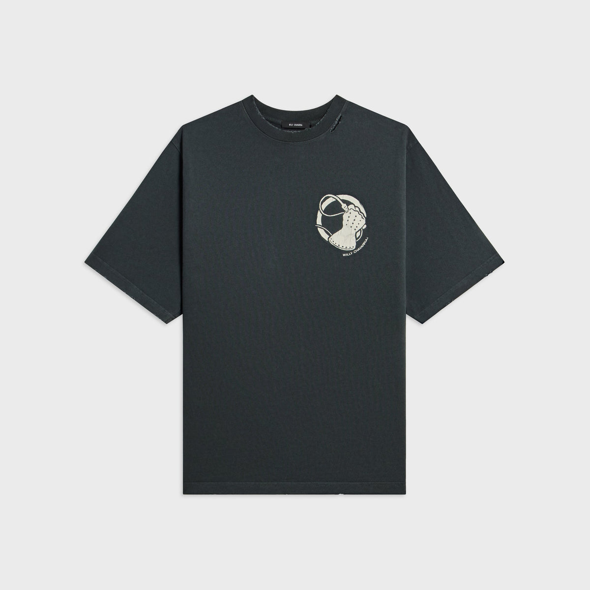 Willy Chavarria Lower Education Standard Tee in Black Beauty, distressed faded black tee with small chest graphic, front