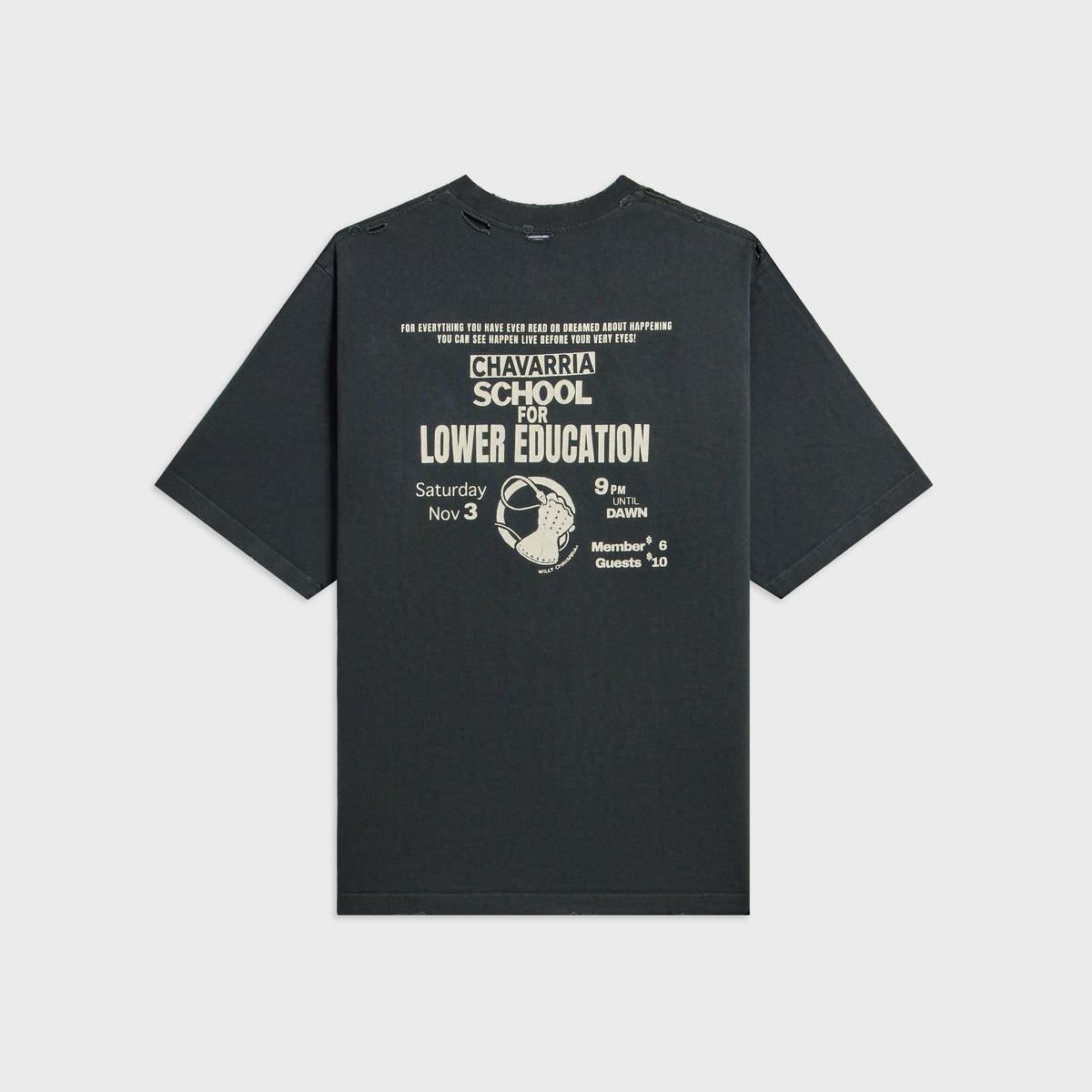 Willy Chavarria Lower Education Standard Tee in Black Beauty, back with cream 'School for Lower Education' flyer print
