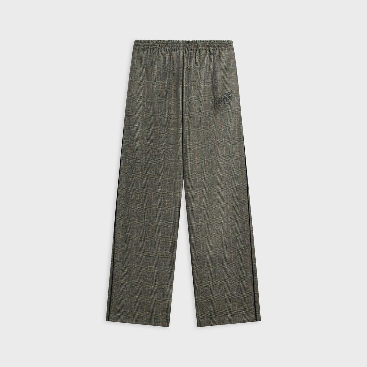 Willy Chavarria Ruff Rider Track Pant in Uniform Brown, glen plaid wide-leg pant with black side stripe, front view