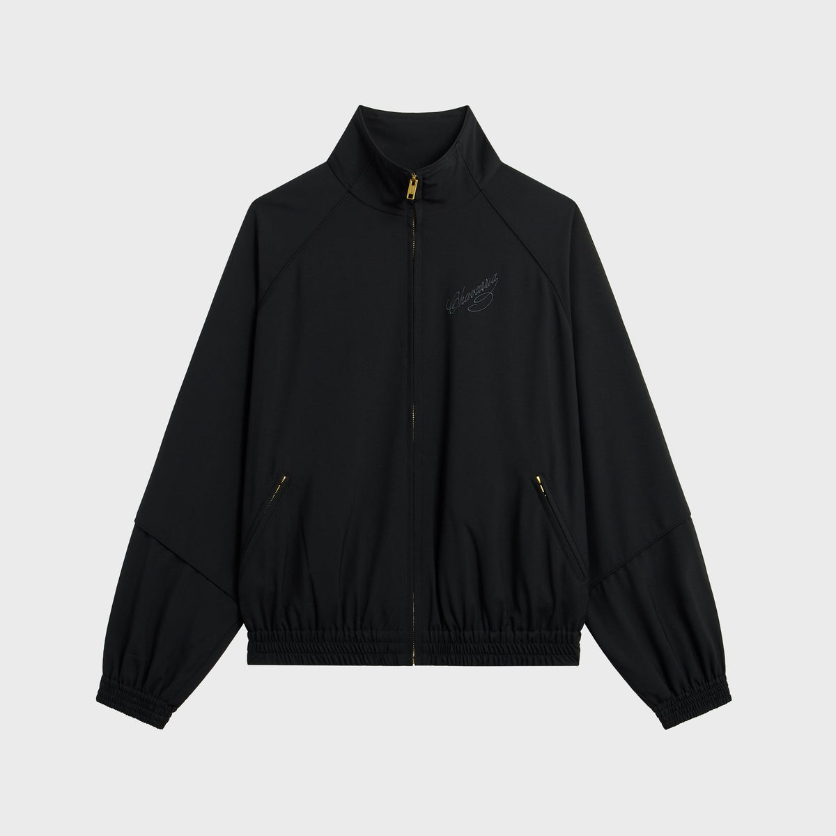 Willy Chavarria Ruff Rider Track Jacket in Black Beauty, black zip-up with stand collar and elastic hem, front view