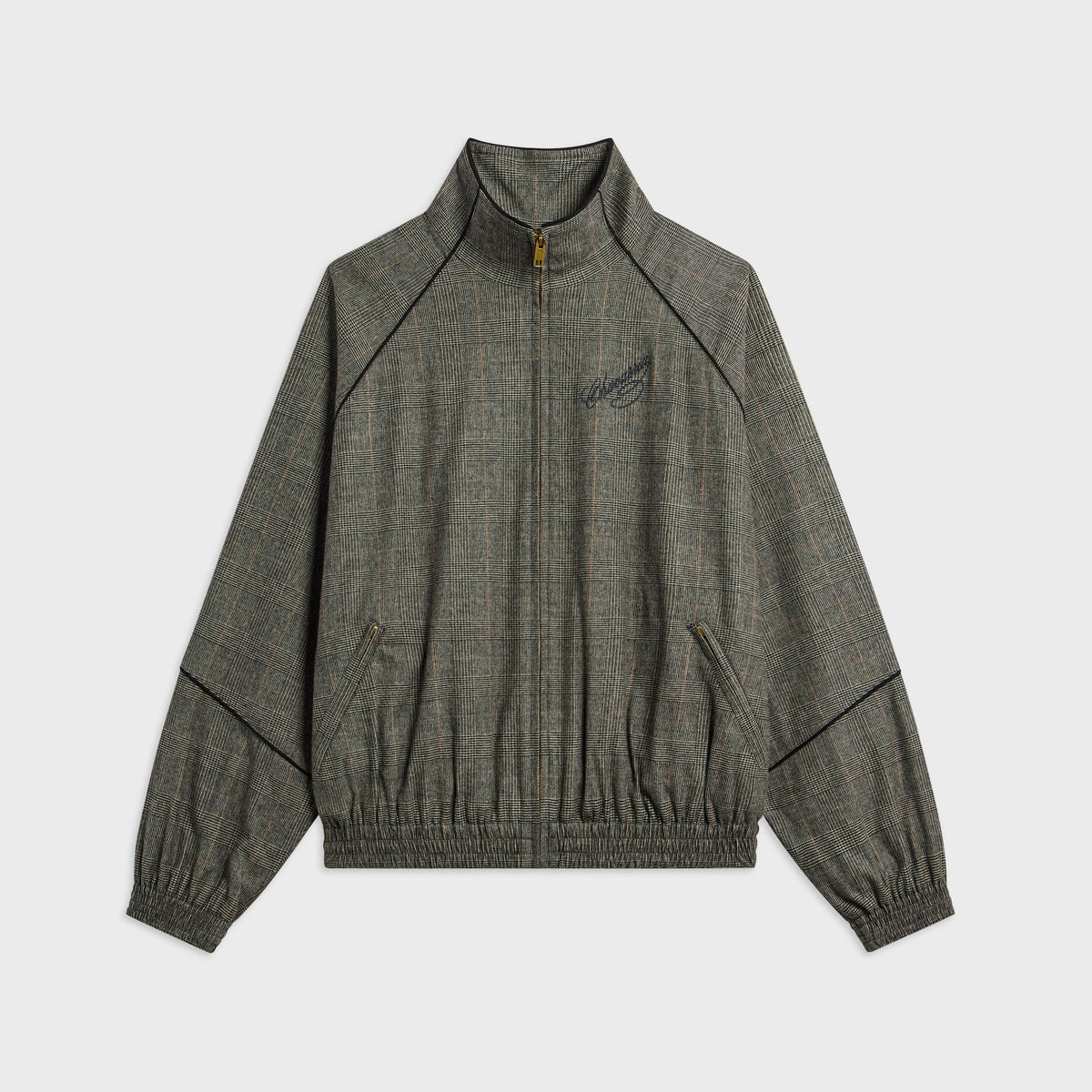 Willy Chavarria Ruff Rider Track Jacket in Uniform Brown, grey-brown glen plaid with black piping and script logo, front