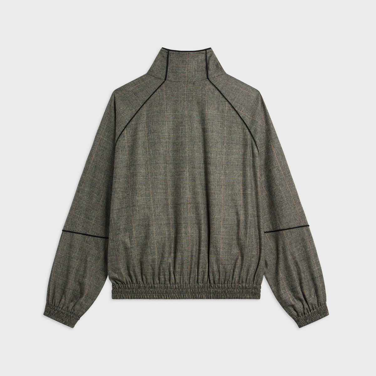 Willy Chavarria Ruff Rider Track Jacket in Uniform Brown, glen plaid with black piping on yoke and sleeves, back view