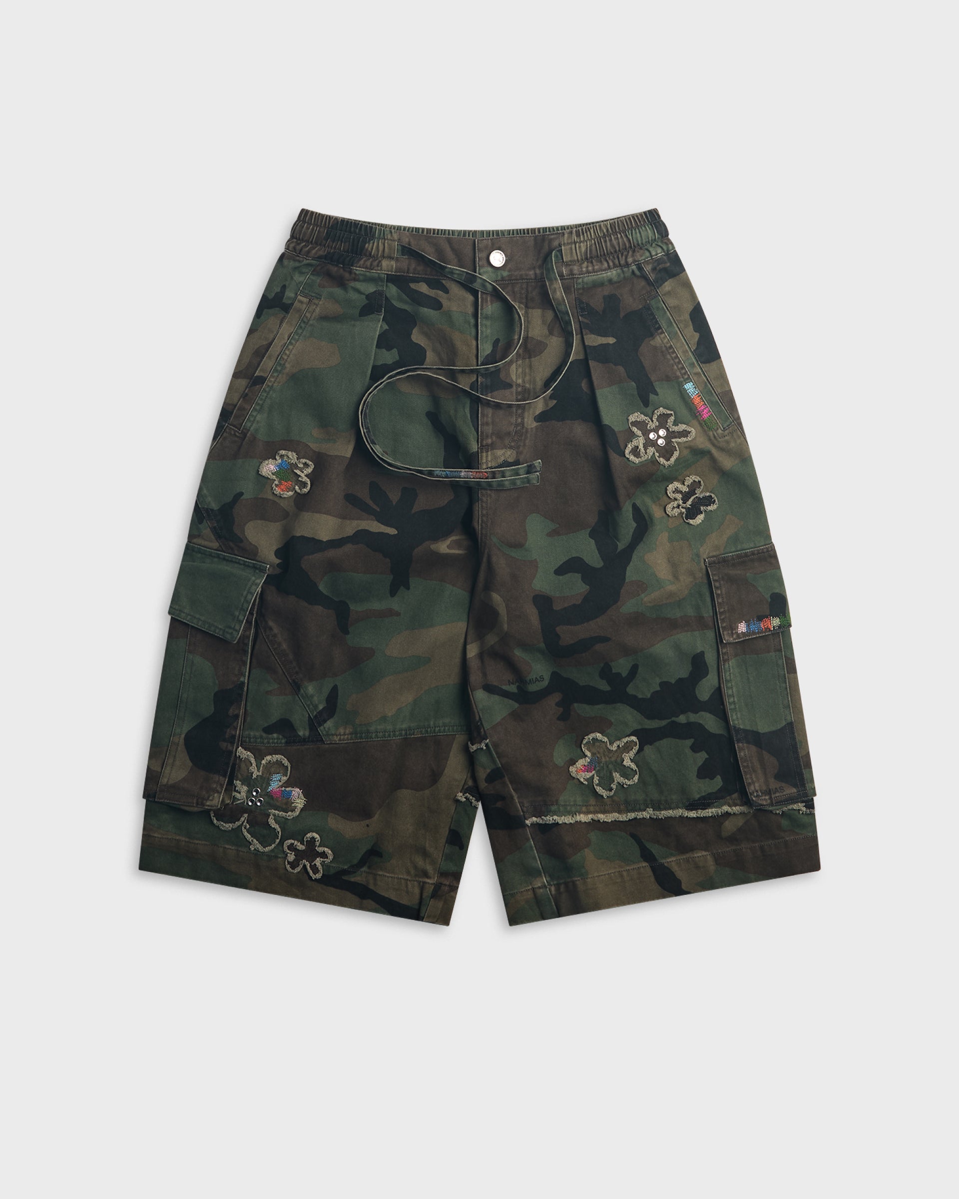 Nahmias woodland camo cargo shorts with colorful embroidered floral patches, drawstring waist, flat-lay product view