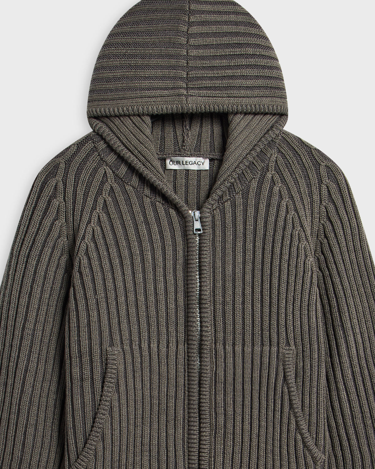 Our Legacy men's olive-grey chunky rib-knit zip hoodie with kangaroo pockets and ribbed hood, front view