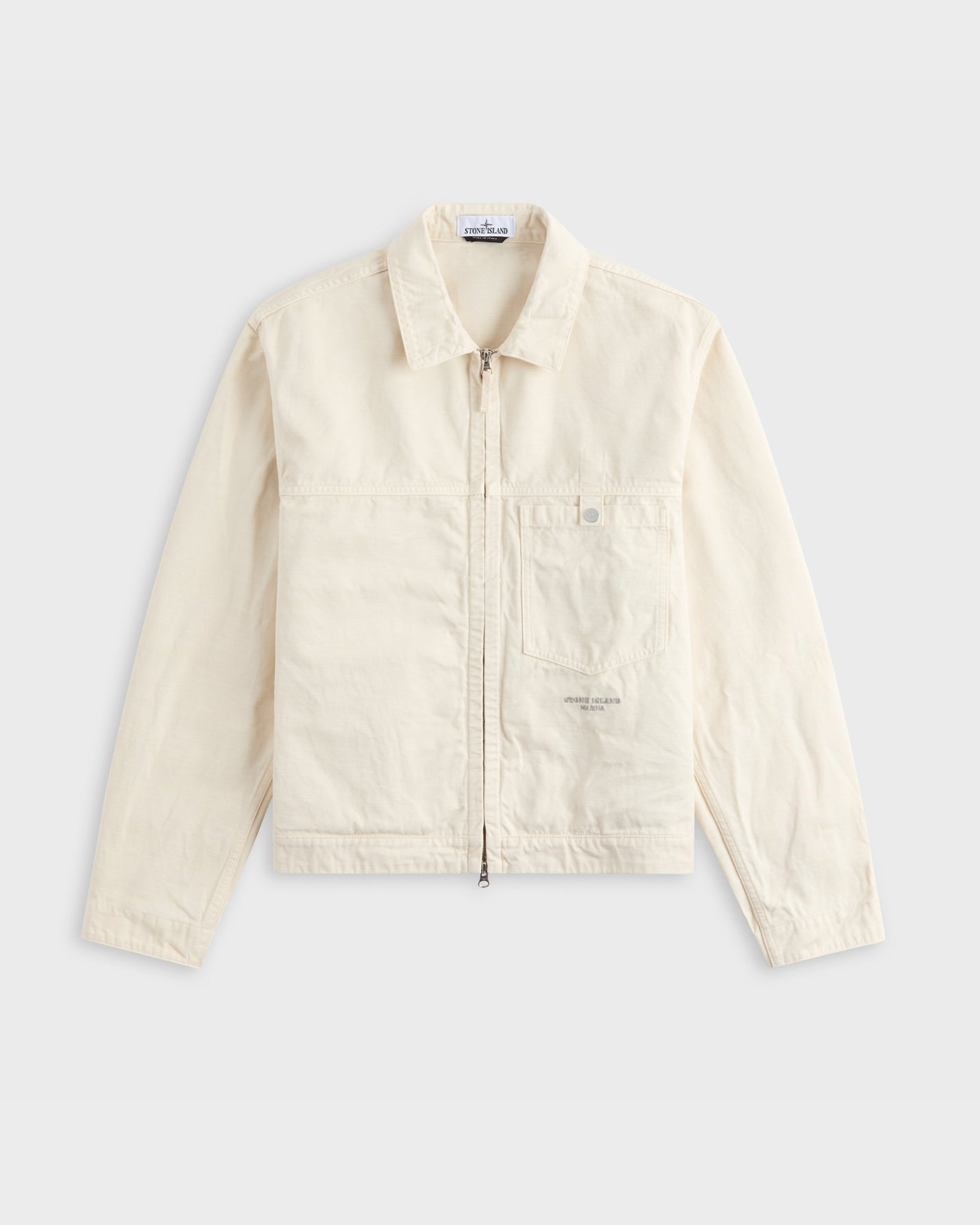 Stone Island Marina cream cotton zip overshirt jacket with chest pocket and collar, flat-lay product view