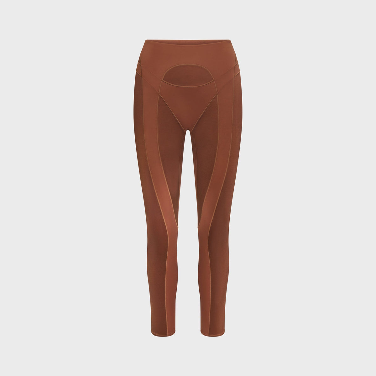 NikeSKIMS Satin Shine Paneled Legging in Carob Brown, full-length legging with curved seam paneling, front flat lay